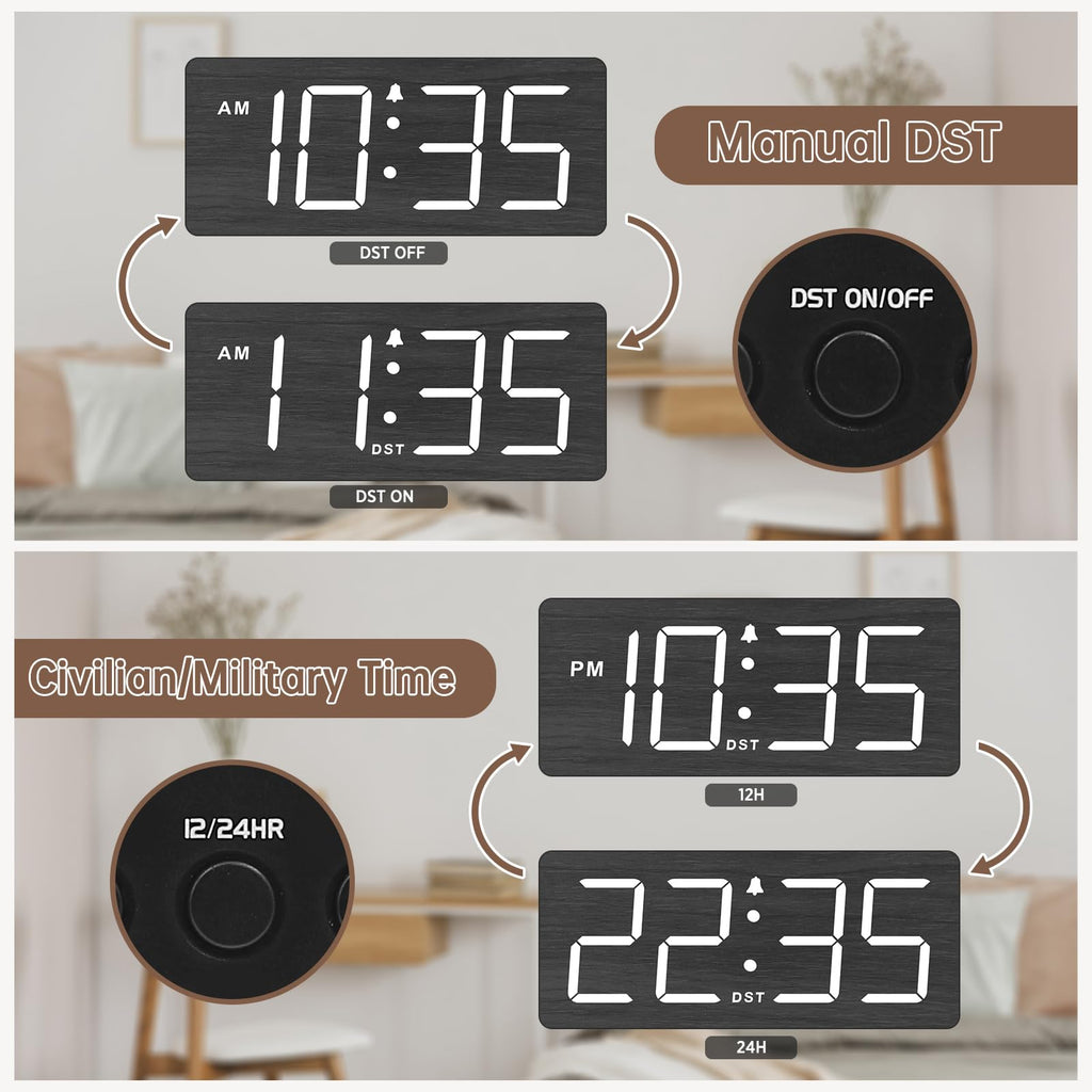 DreamSky Wooden Digital Alarm Clock for Bedroom - Desk Clock for Living Room with Large Numbers, Dimmer, Loud Alarm for Heavy Sleepers with Volume Control, DST, Office Wood Decor (Plug in Clock)