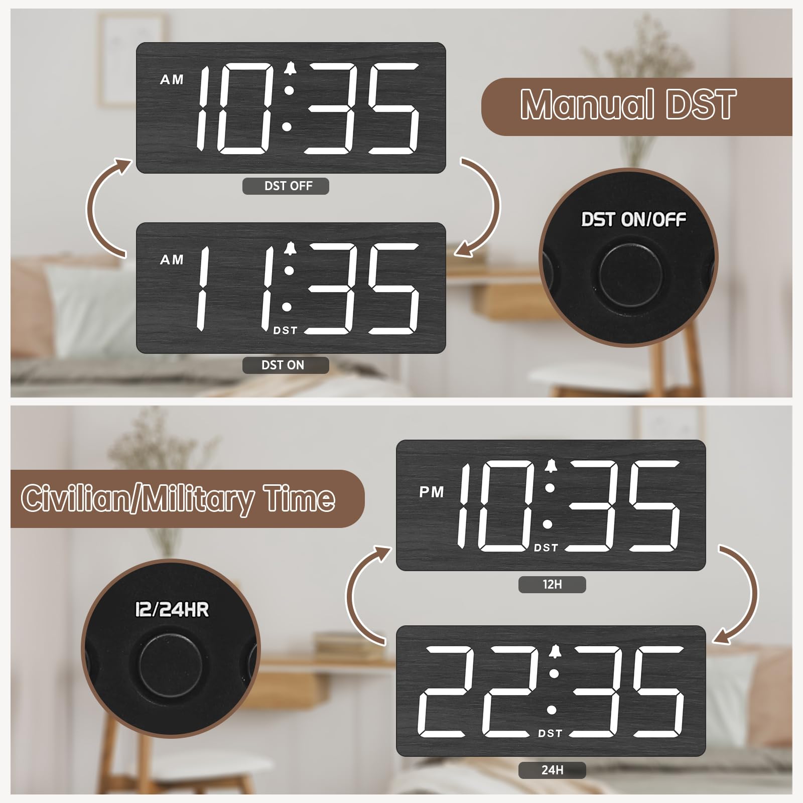 DreamSky Wooden Digital Alarm Clock for Bedroom - Desk Clock for Living Room with Large Numbers, Dimmer, Loud Alarm for Heavy Sleepers with Volume Control, DST, Office Wood Decor (Plug in Clock)