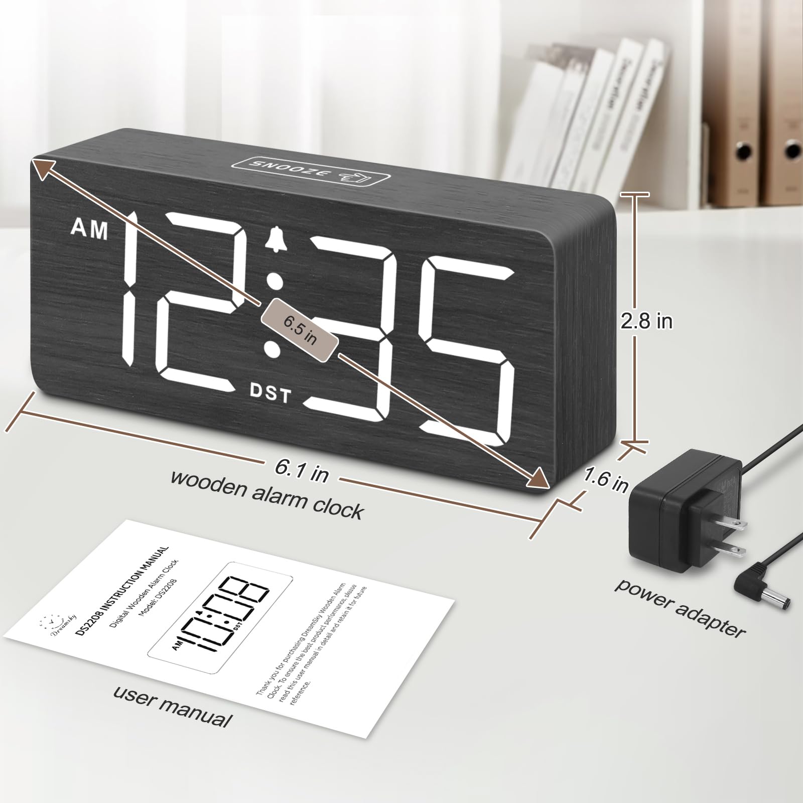 DreamSky Wooden Digital Alarm Clock for Bedroom - Desk Clock for Living Room with Large Numbers, Dimmer, Loud Alarm for Heavy Sleepers with Volume Control, DST, Office Wood Decor (Plug in Clock)