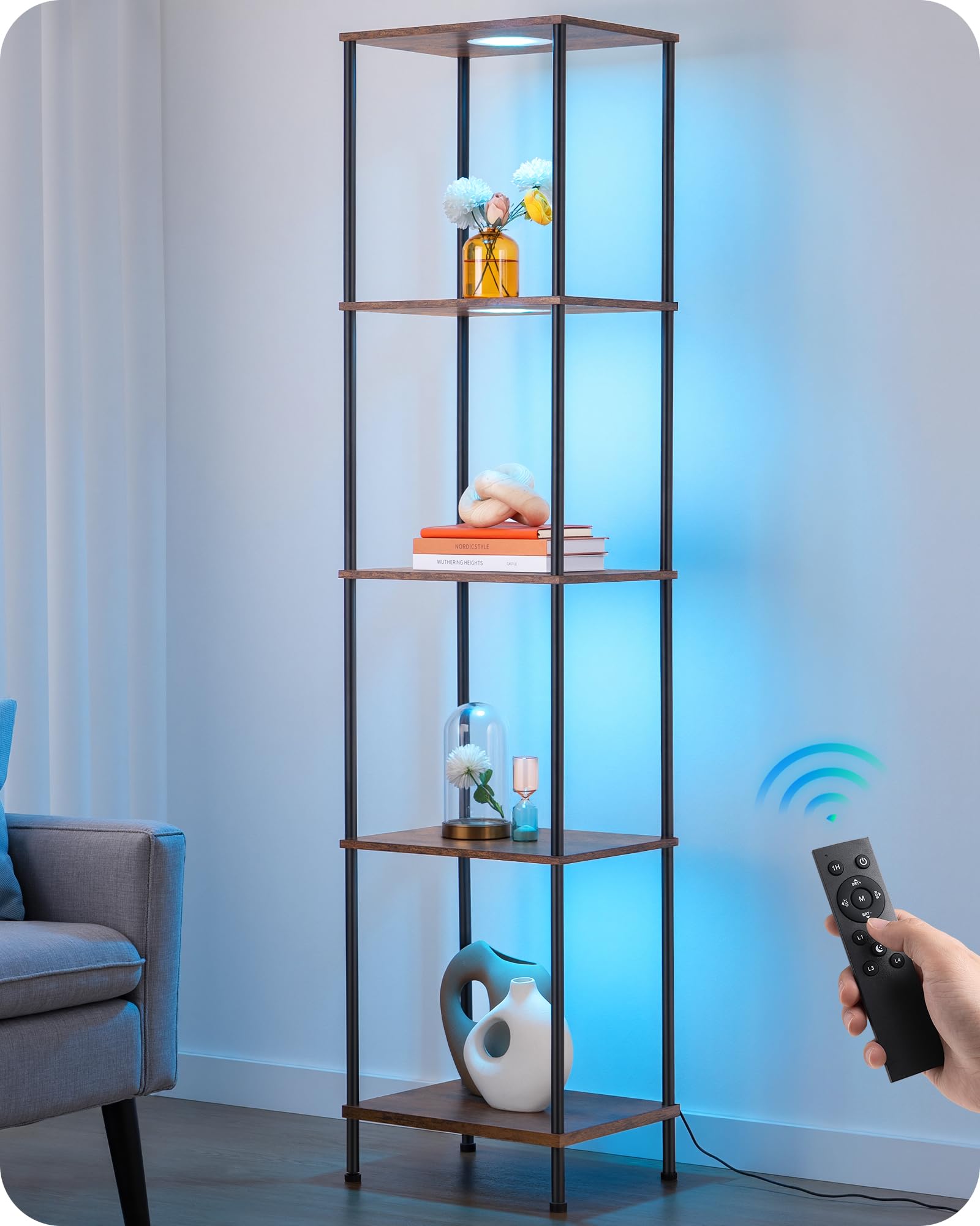 EDISHINE RGBW Modern Floor Lamp, 5-Tier Display Shelf with Light, Adjustable Brightness & Color Temperature, 3 Lighting Modes, Remote Control, Stable Floor Lamps for Living Room, Bedroom, Study, Black