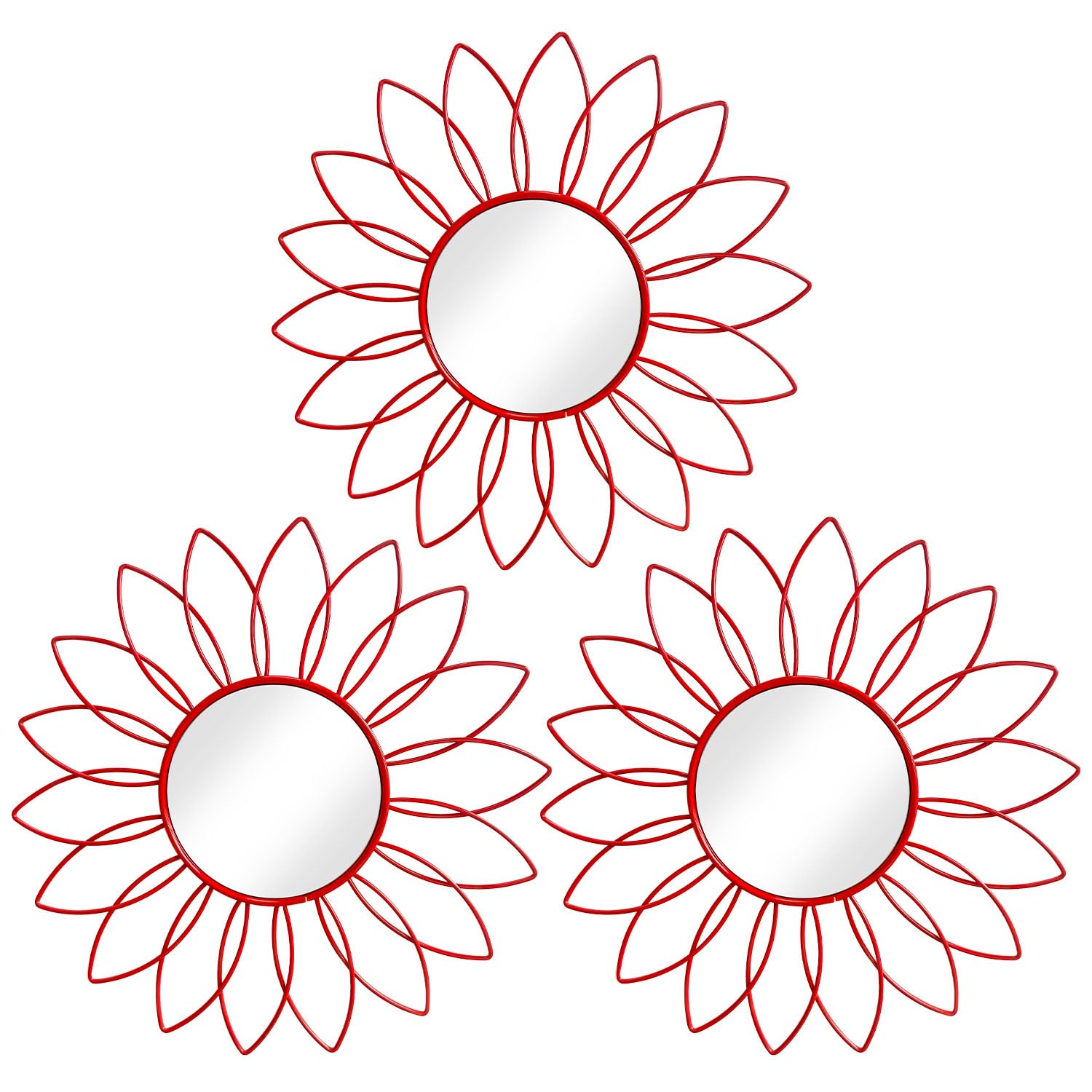 3 Pack Metal Mirrors for Wall Sunburst Wall Mirrors Home Décor Decorative Hanging Wall Art for Living Room Bedroom Entryway (Gold, Flower+Sunburst)