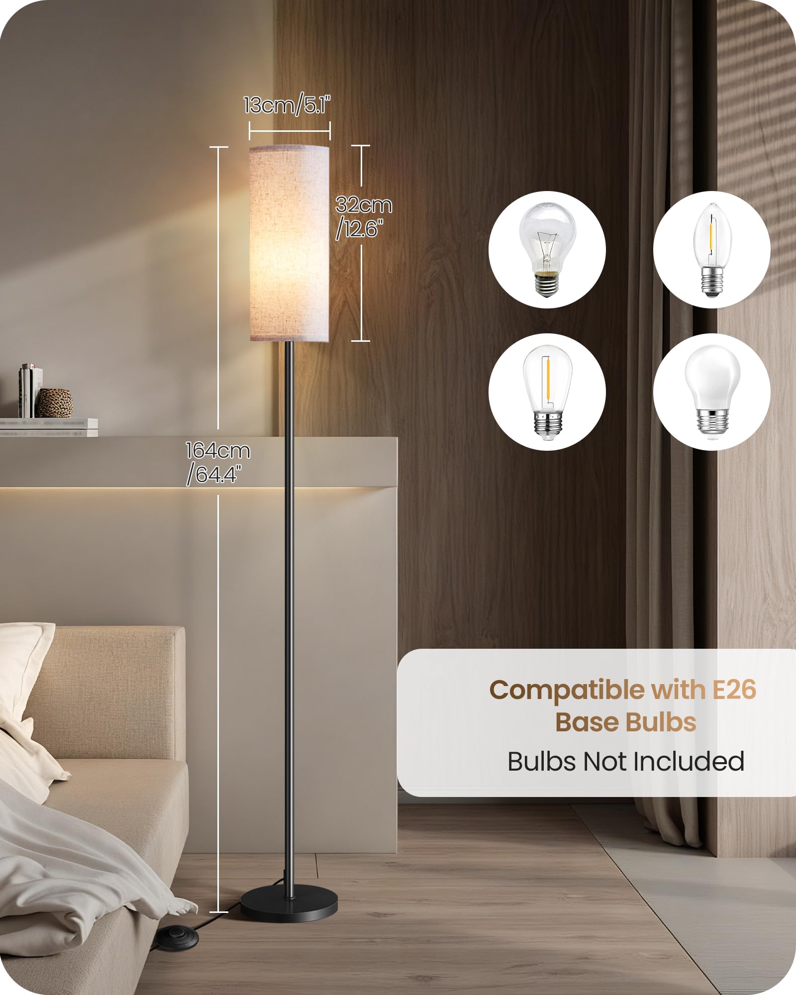 2 Pack Floor Lamp, Pole Lamp with Foot Switch, Modern Standing Lamp Lampshade, Minimalist Freestanding Lamp (Bulb Not Included), for Living Room, Bedroom Office, Black and Beige E07LDP205