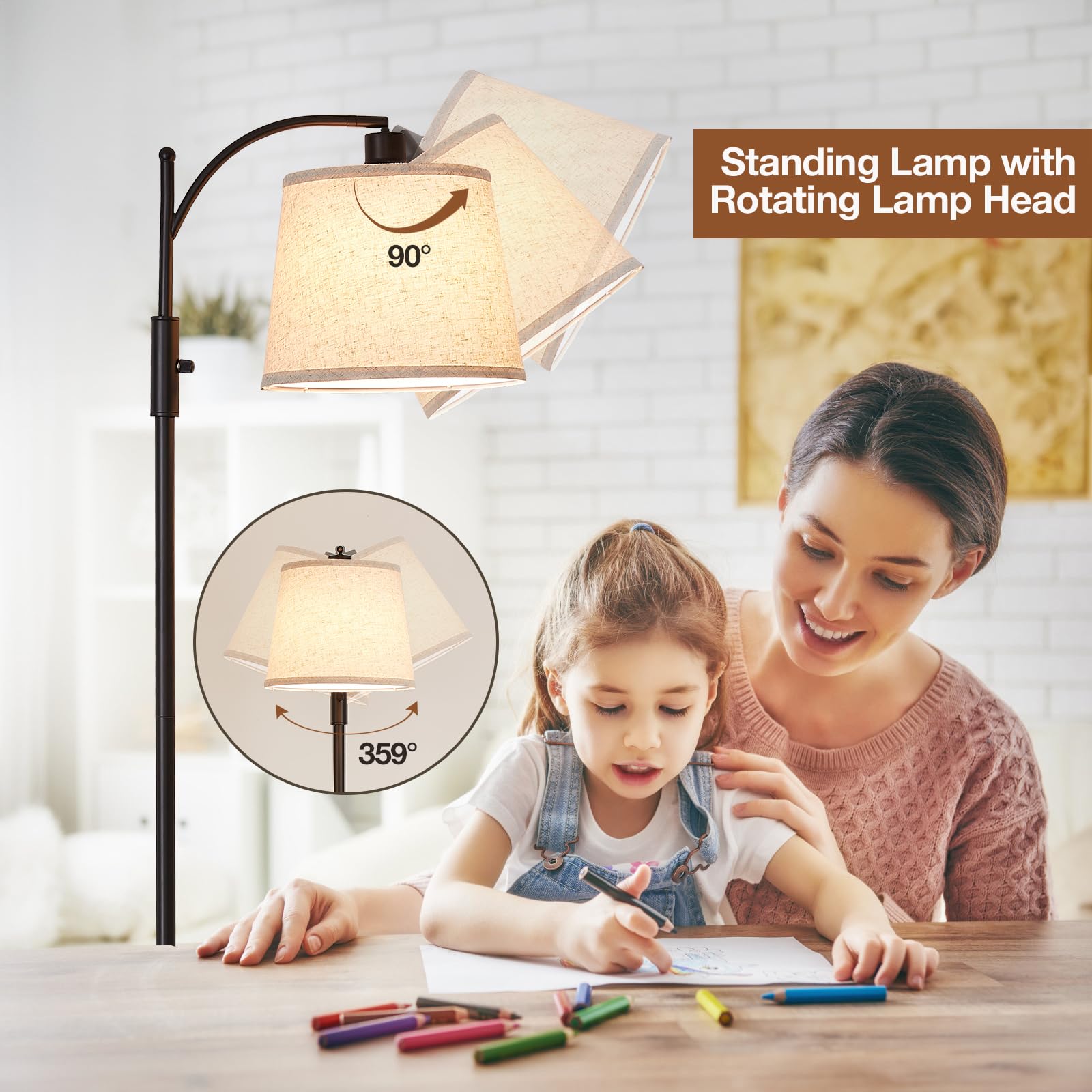AIDENOEY Fully Dimmable Floor Lamp for Living Room，Standing Lamp Rotary Switch with Table&Linen Beige Shade，Golden Tall Lamps for Bedroom with Adjust Head，9W LED Bulb Included