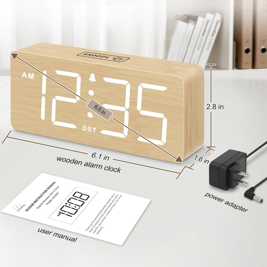 DreamSky Wooden Digital Alarm Clock for Bedroom - Desk Clock for Living Room with Large Numbers, Dimmer, Loud Alarm for Heavy Sleepers with Volume Control, DST, Office Wood Decor (Plug in Clock)
