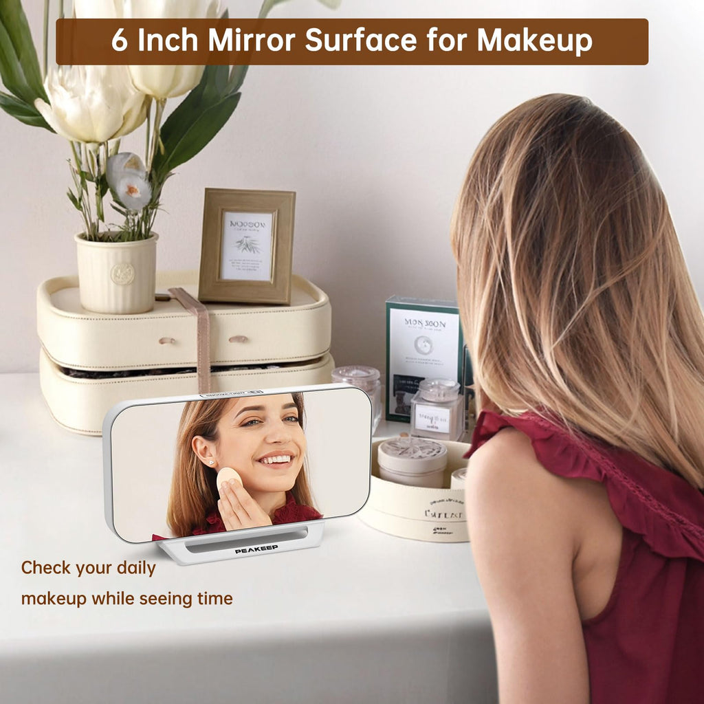 Peakeep Slim Digital Mirror Aesthetic Alarm Clock for Bedrooms Desk Decor - Plug in Electric Big LED Modern Small Clock for Office Living Room, Battery Backup, 6 Dimmers (Gold)