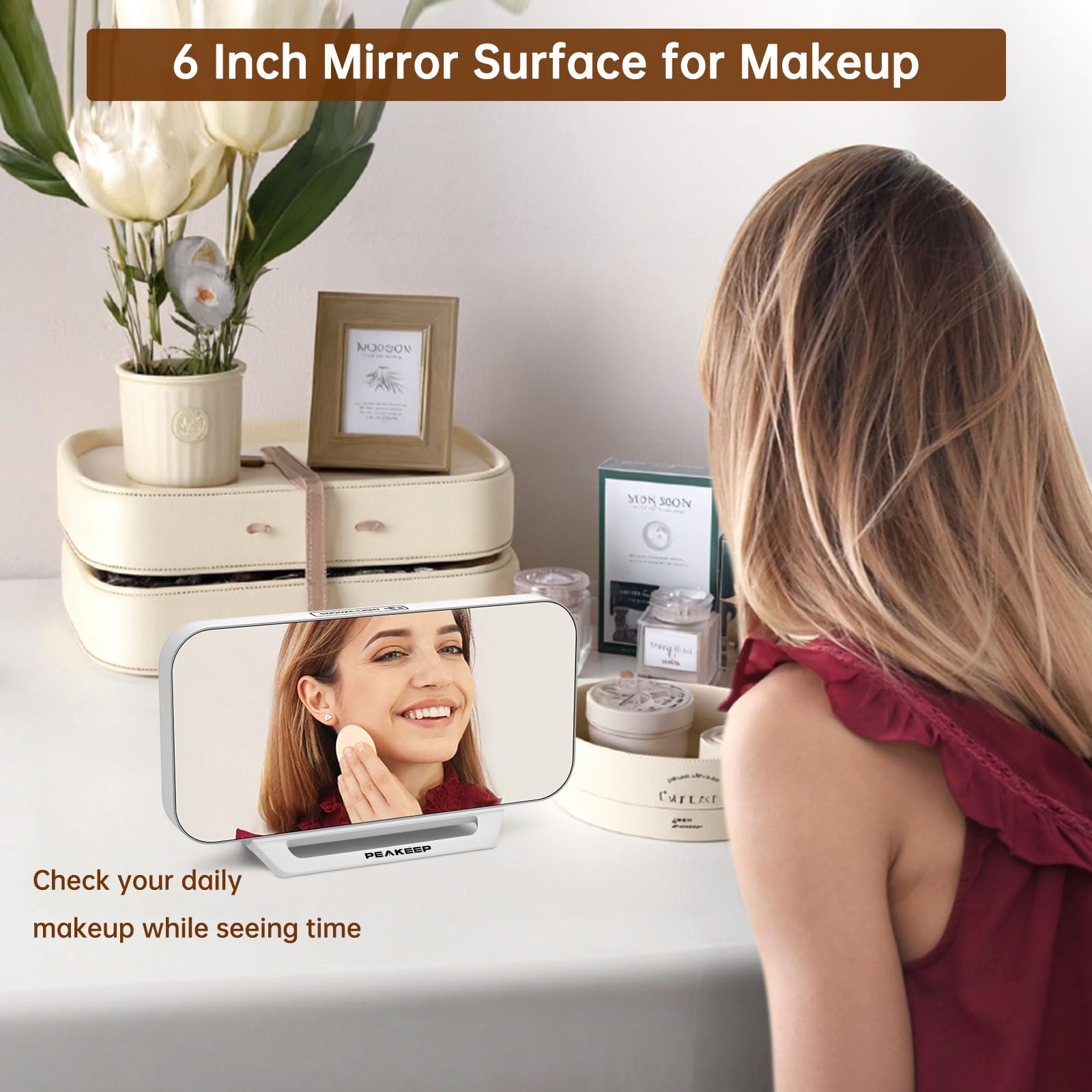 Peakeep Slim Digital Mirror Aesthetic Alarm Clock for Bedrooms Desk Decor - Plug in Electric Big LED Modern Small Clock for Office Living Room, Battery Backup, 6 Dimmers (Gold)