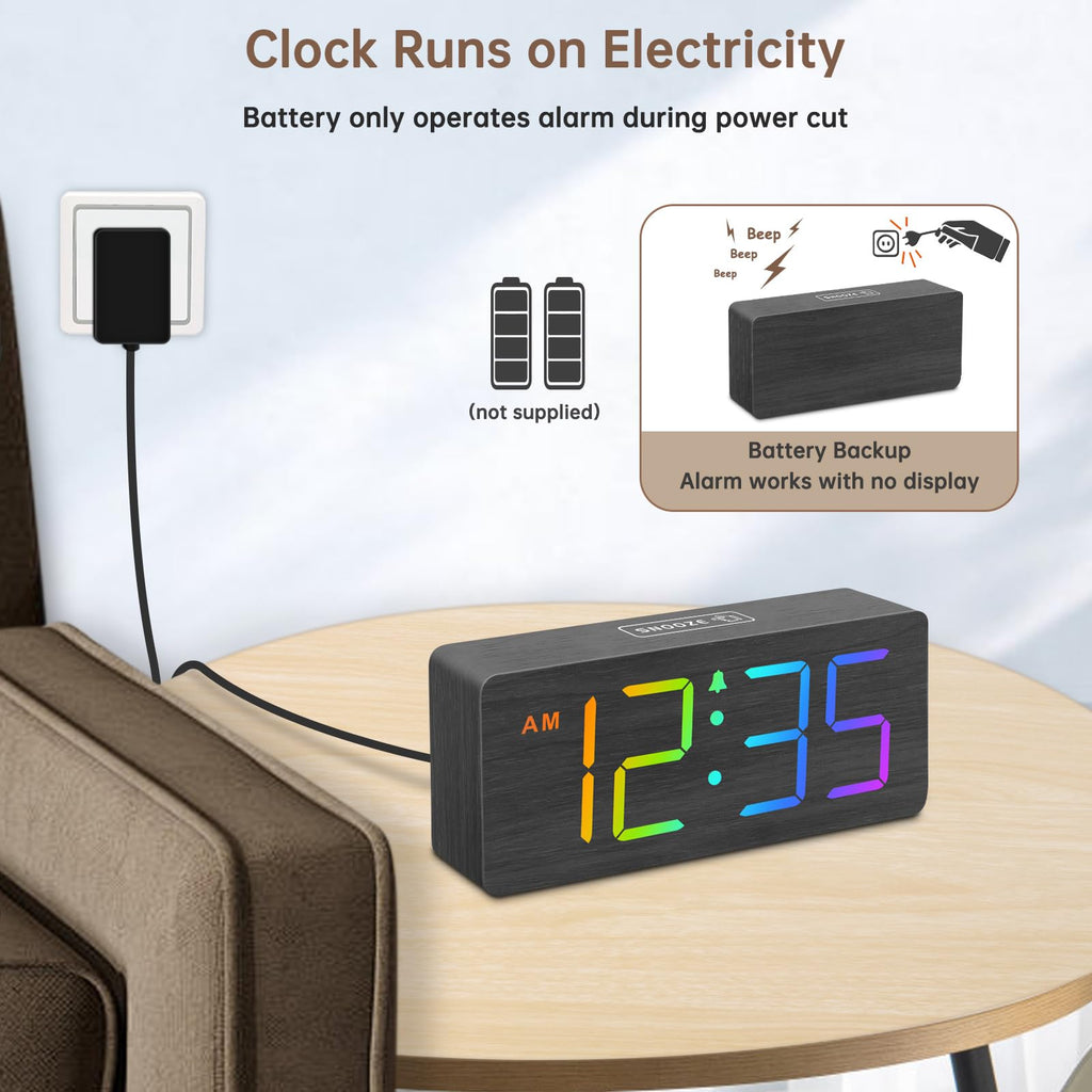 DreamSky Wooden Digital Alarm Clock for Bedroom - Desk Clock for Living Room with Large Numbers, Dimmer, Loud Alarm for Heavy Sleepers with Volume Control, DST, Office Wood Decor (Plug in Clock)
