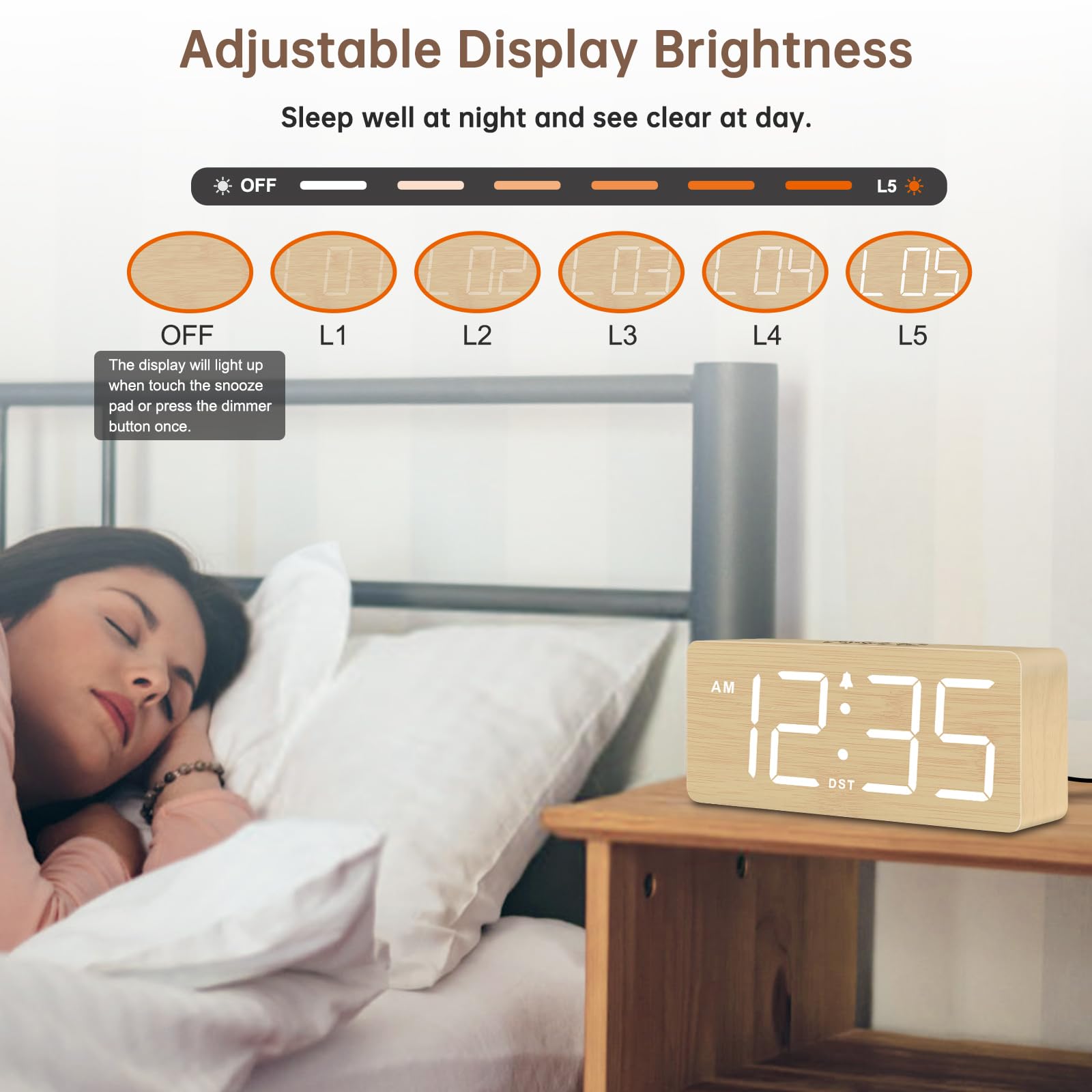 DreamSky Wooden Digital Alarm Clock for Bedroom - Desk Clock for Living Room with Large Numbers, Dimmer, Loud Alarm for Heavy Sleepers with Volume Control, DST, Office Wood Decor (Plug in Clock)