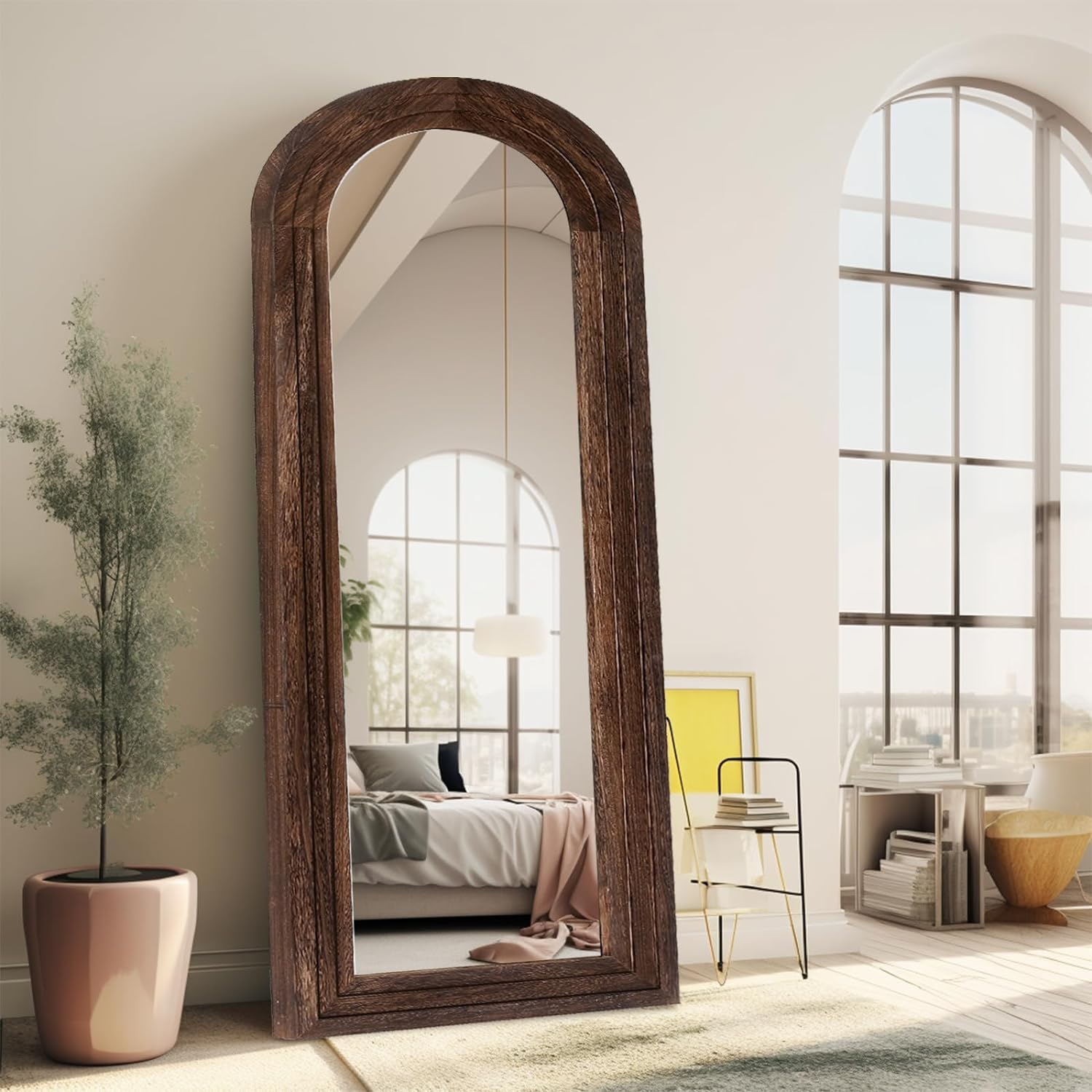 ZHUNFA Arched Full Length Mirror with Solid Wood Frame, 71x32 Farmhouse Wall Mounted Floor Mirror with Stand, Vertical Hanging, Leaning Standing for Bedroom, Living Room, Brown