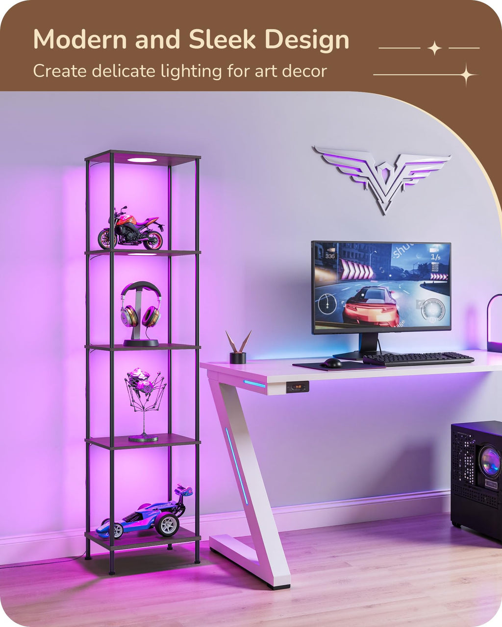 EDISHINE RGBW Modern Floor Lamp, 5-Tier Display Shelf with Light, Adjustable Brightness & Color Temperature, 3 Lighting Modes, Remote Control, Stable Floor Lamps for Living Room, Bedroom, Study, Black