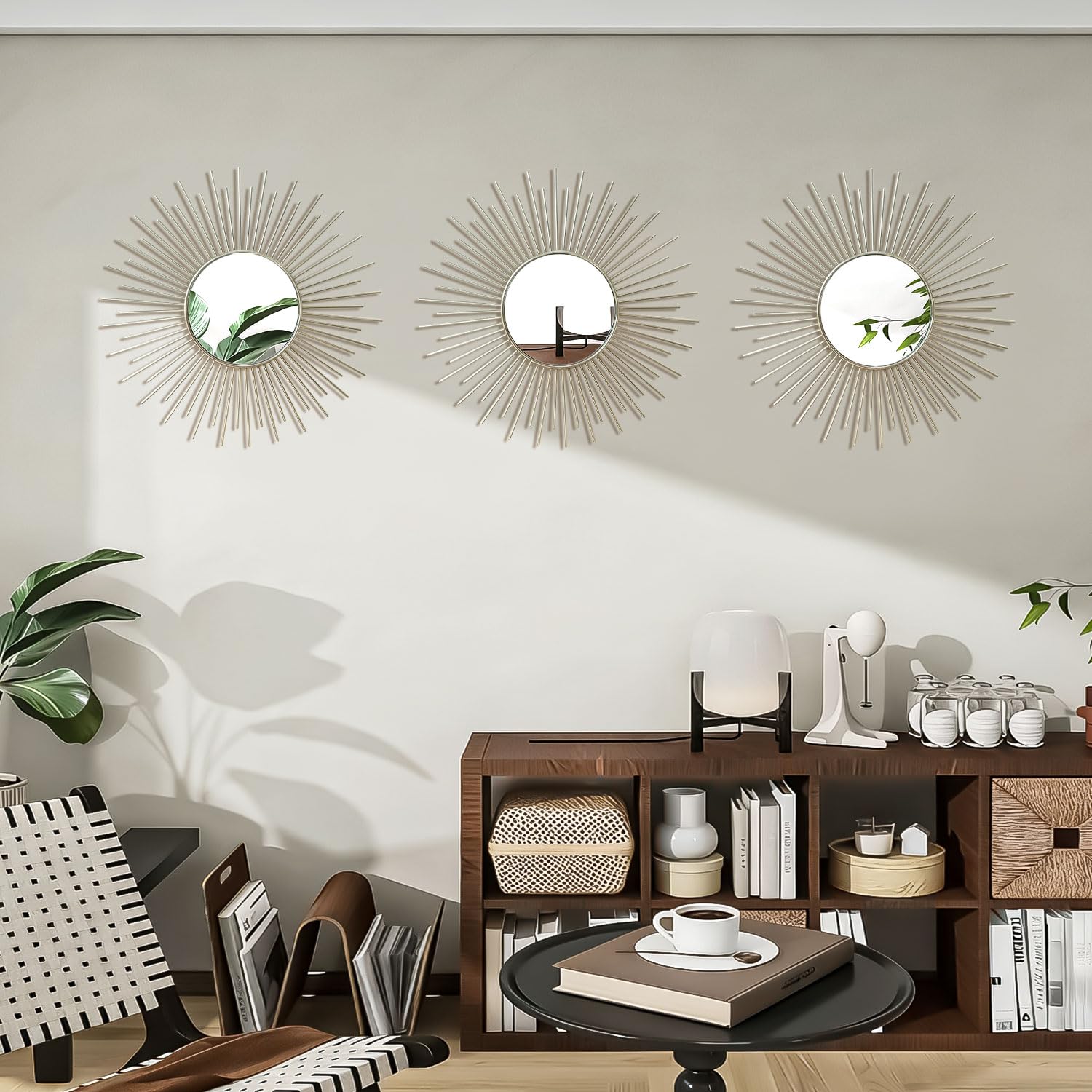 3 Pack Metal Mirrors for Wall Sunburst Wall Mirrors Home Décor Decorative Hanging Wall Art for Living Room Bedroom Entryway (Gold, Flower+Sunburst)