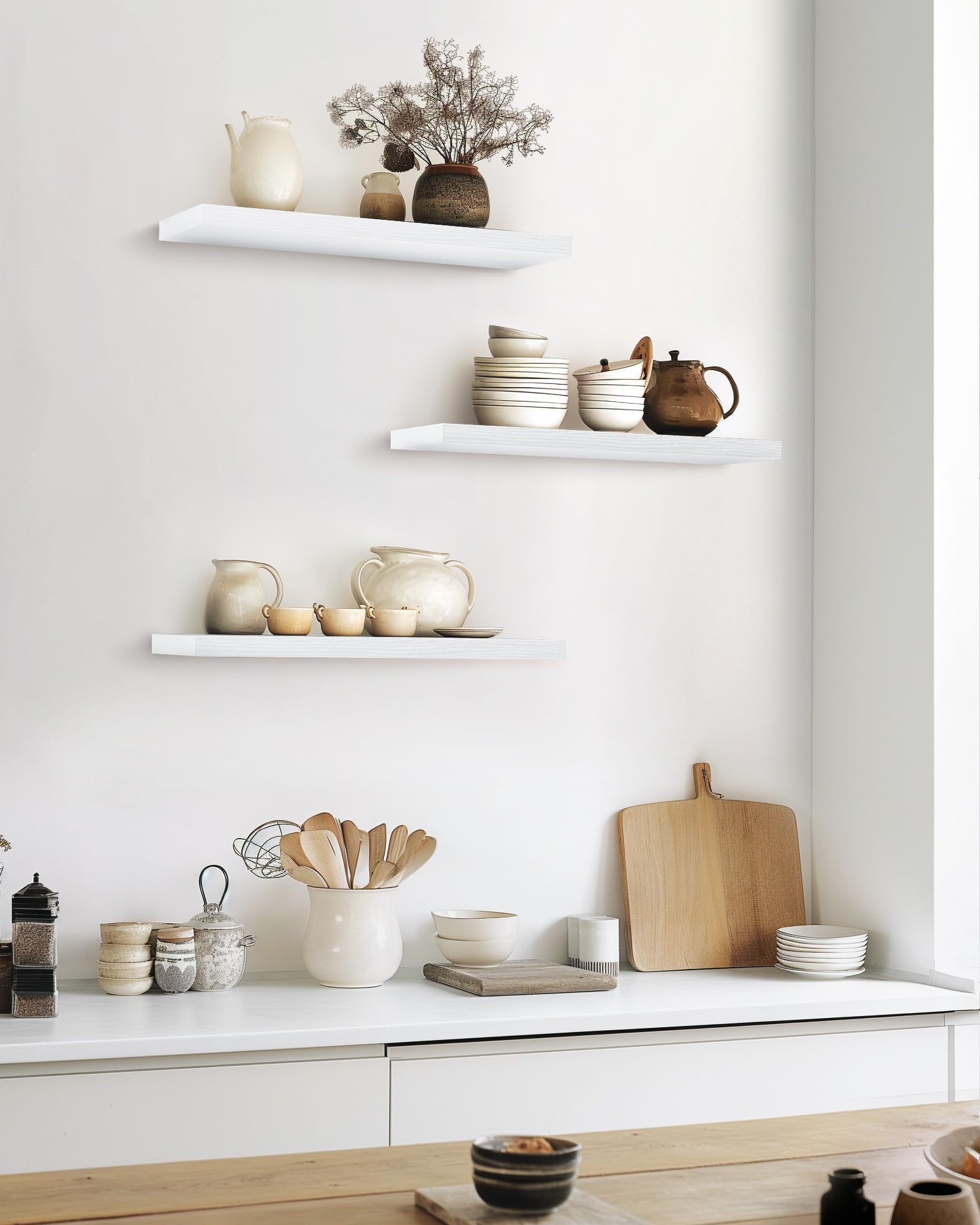 BAYKA Floating Shelves for Wall, Wall Mounted Rustic Wood Shelves for Bathroom, Bedroom, Living Room, Kitchen, Hanging Shelf for Books/Storage/Room Decor with 22lbs Capacity (Black, Set of 3, 15.7in)