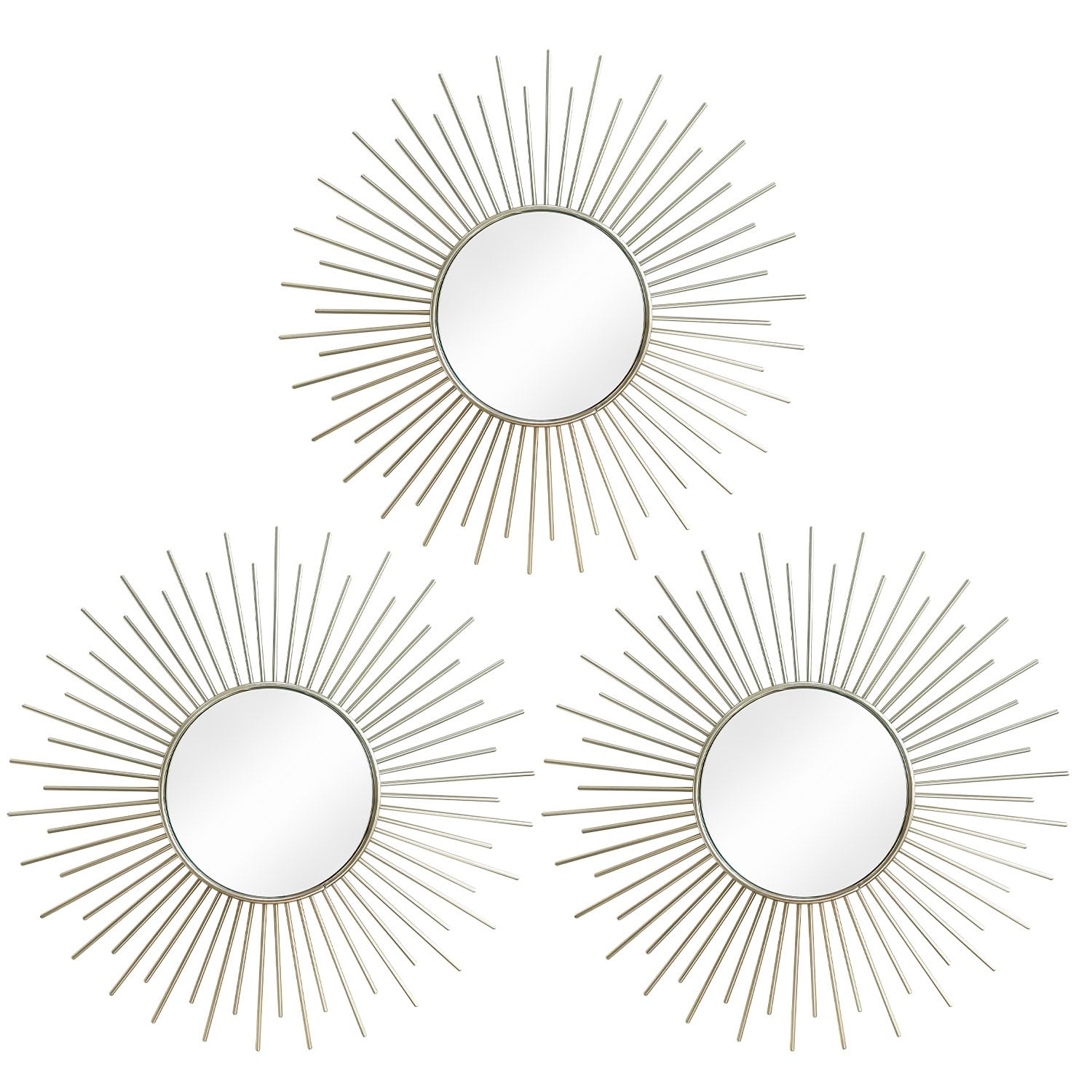 3 Pack Metal Mirrors for Wall Sunburst Wall Mirrors Home Décor Decorative Hanging Wall Art for Living Room Bedroom Entryway (Gold, Flower+Sunburst)