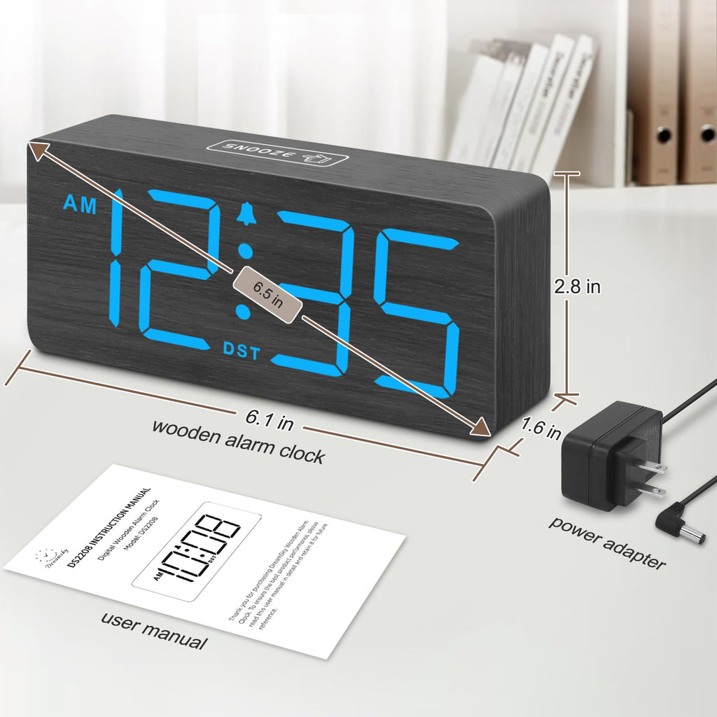 DreamSky Wooden Digital Alarm Clock for Bedroom - Desk Clock for Living Room with Large Numbers, Dimmer, Loud Alarm for Heavy Sleepers with Volume Control, DST, Office Wood Decor (Plug in Clock)
