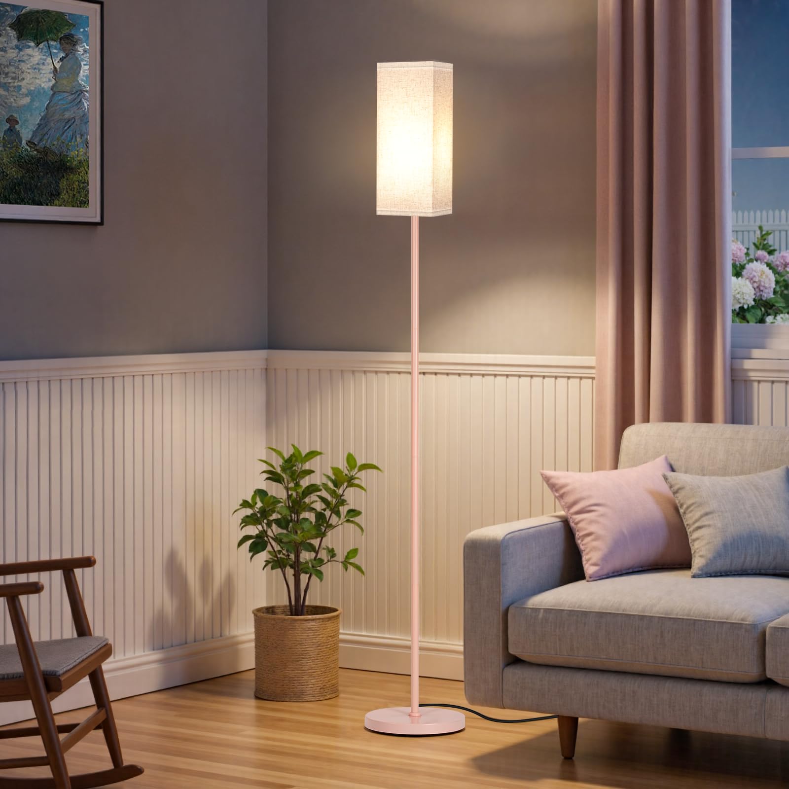 64.6" Floor Lamp, Pole with Foot Switch, Modern Standing Lamp Lampshade, Minimalist Freestanding Lamp (Bulb Not Included), for Living Room, Bedroom Office ETL Listed, Black and Beige E07LD05