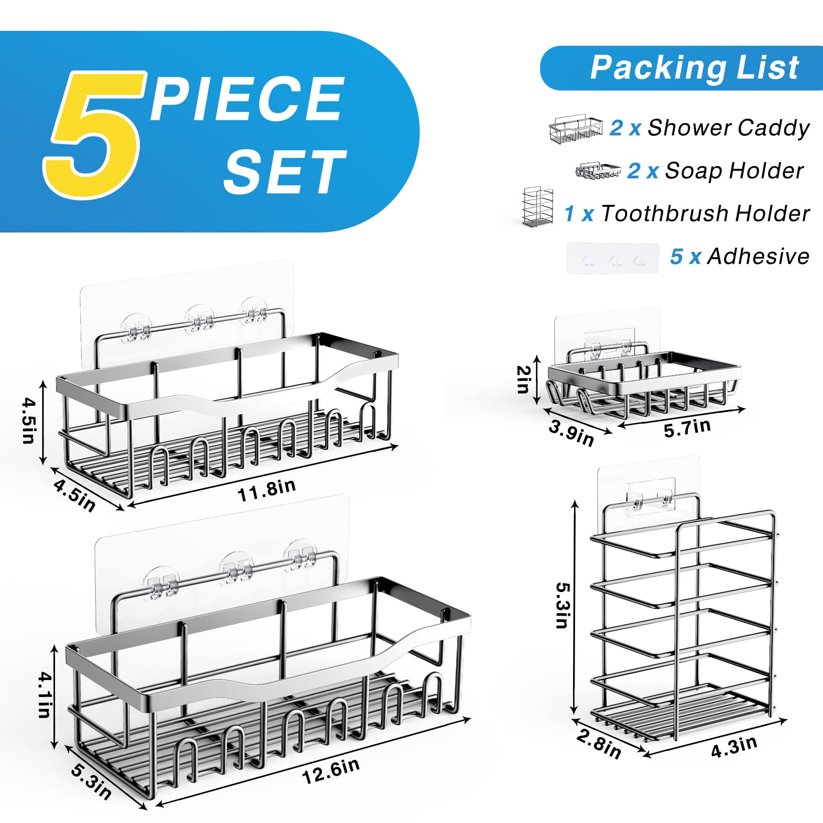 EUDELE Adhesive Shower Caddy, 5 Pack Rustproof Stainless Steel Bath Organizers With Large Capacity, No Drilling Shelves for Bathroom Storage & Home Decor