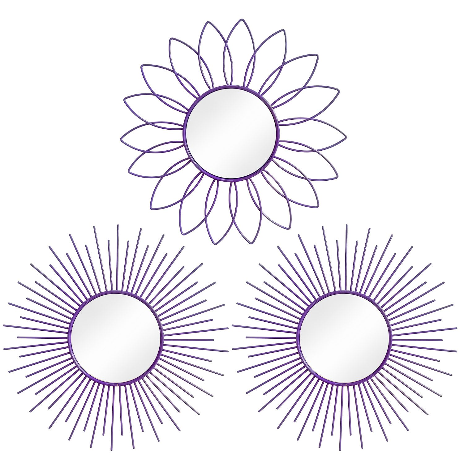 3 Pack Metal Mirrors for Wall Sunburst Wall Mirrors Home Décor Decorative Hanging Wall Art for Living Room Bedroom Entryway (Gold, Flower+Sunburst)