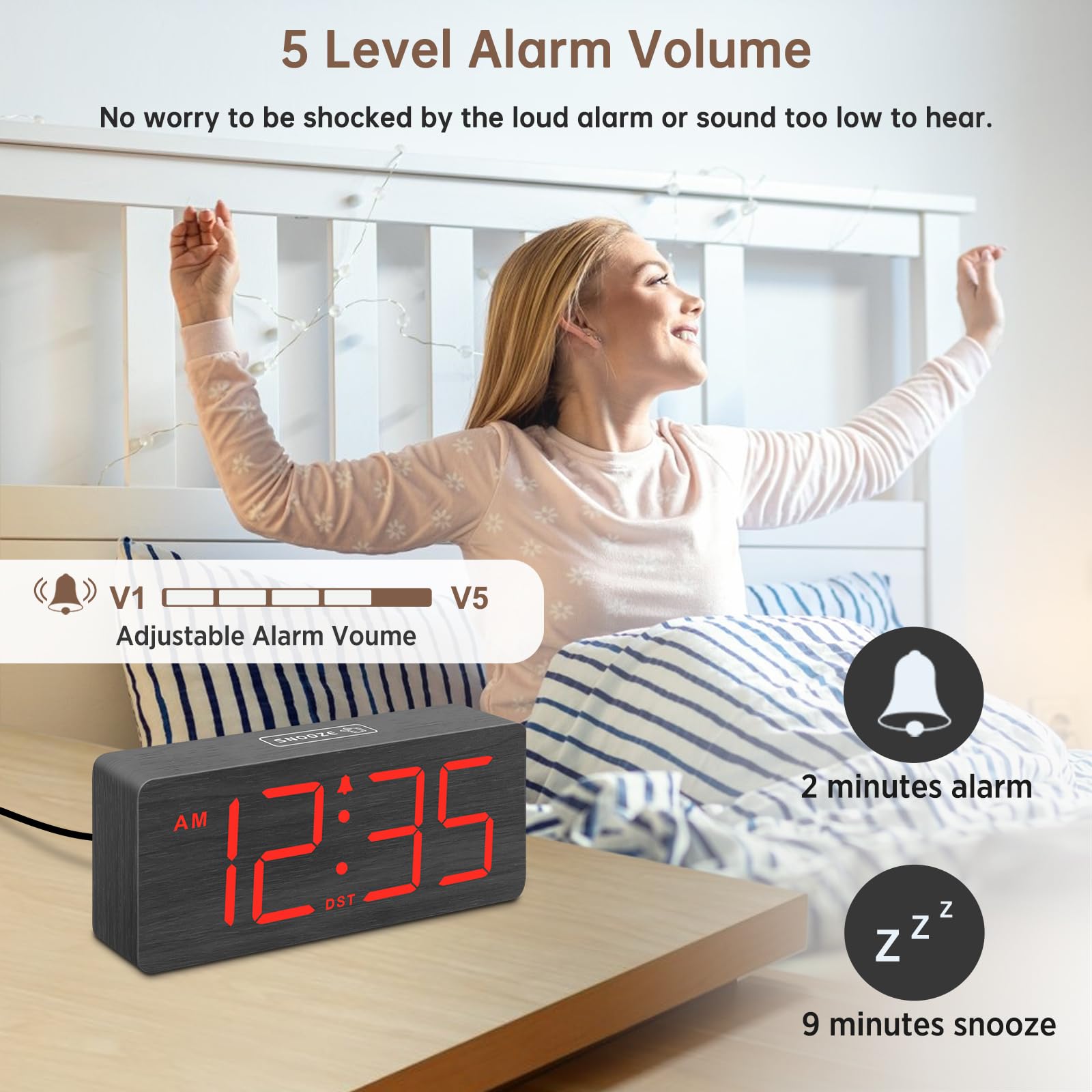 DreamSky Wooden Digital Alarm Clock for Bedroom - Desk Clock for Living Room with Large Numbers, Dimmer, Loud Alarm for Heavy Sleepers with Volume Control, DST, Office Wood Decor (Plug in Clock)