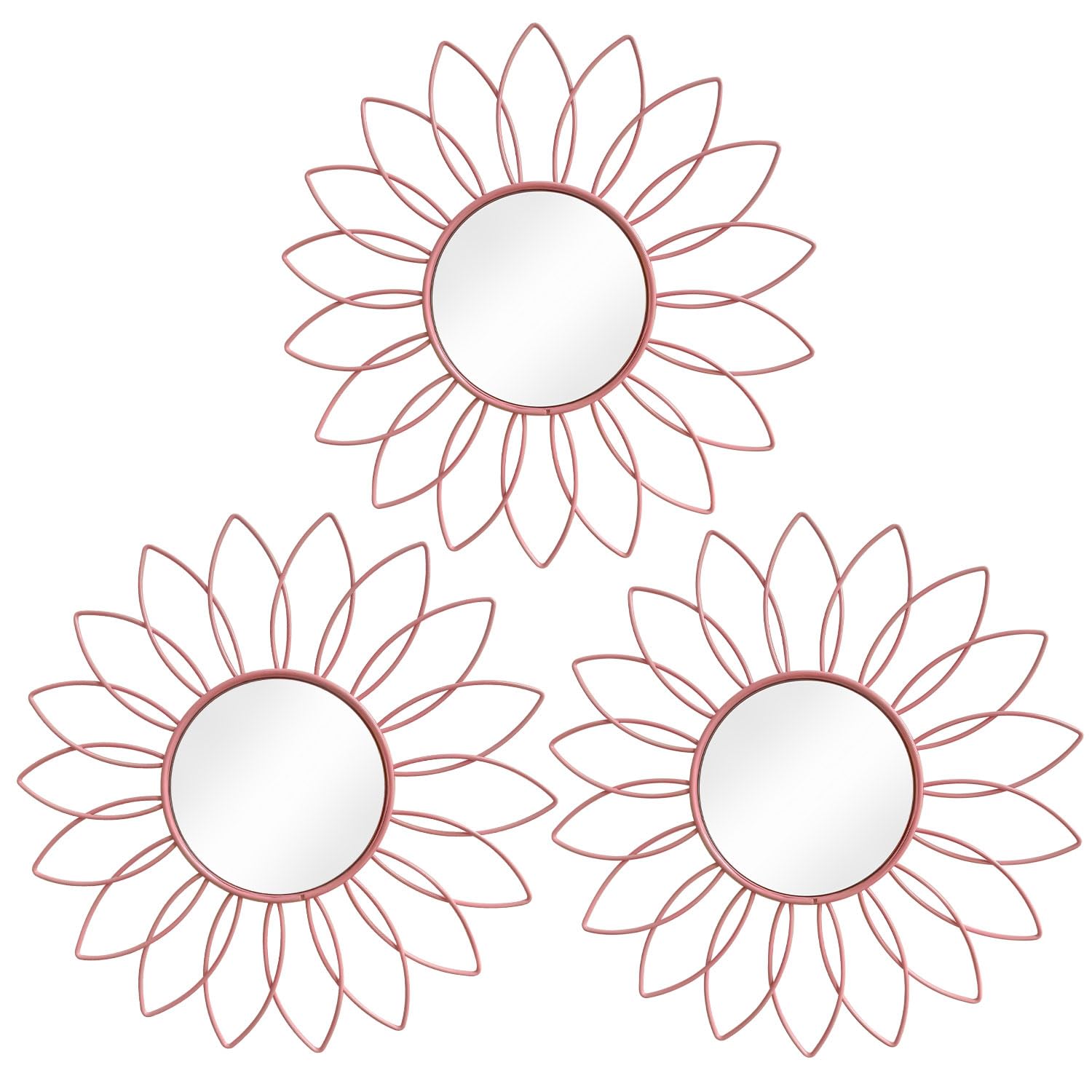 3 Pack Metal Mirrors for Wall Sunburst Wall Mirrors Home Décor Decorative Hanging Wall Art for Living Room Bedroom Entryway (Gold, Flower+Sunburst)