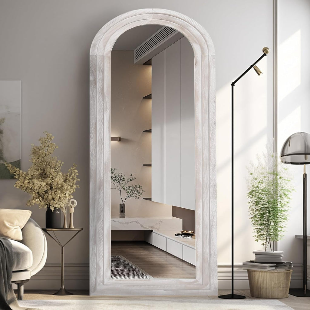 ZHUNFA Arched Full Length Mirror with Solid Wood Frame, 71x32 Farmhouse Wall Mounted Floor Mirror with Stand, Vertical Hanging, Leaning Standing for Bedroom, Living Room, Brown