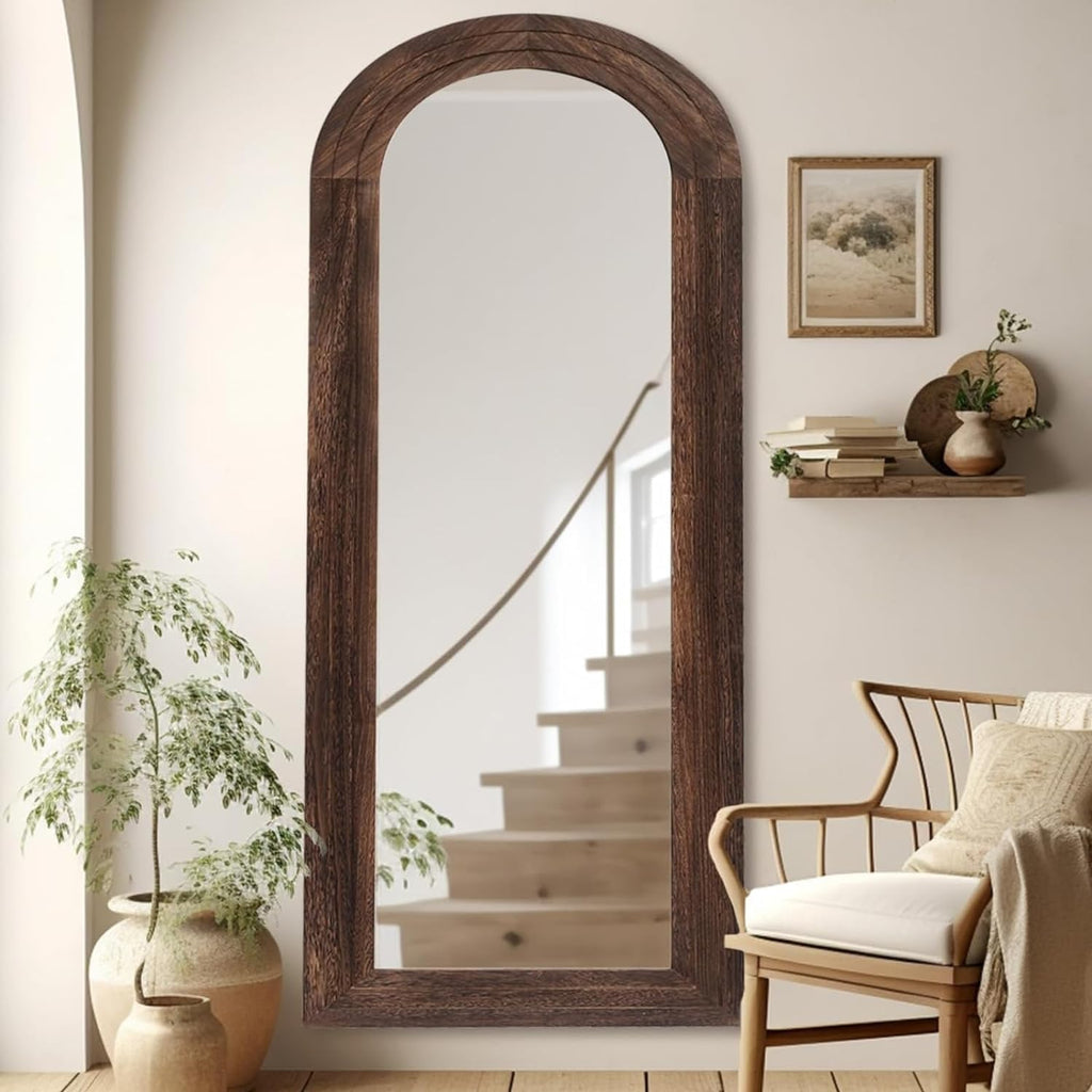 ZHUNFA Arched Full Length Mirror with Solid Wood Frame, 71x32 Farmhouse Wall Mounted Floor Mirror with Stand, Vertical Hanging, Leaning Standing for Bedroom, Living Room, Brown