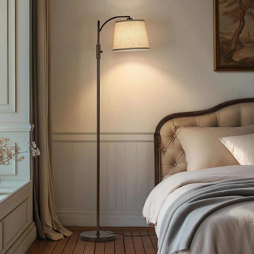 AIDENOEY Fully Dimmable Floor Lamp for Living Room，Standing Lamp Rotary Switch with Table&Linen Beige Shade，Golden Tall Lamps for Bedroom with Adjust Head，9W LED Bulb Included