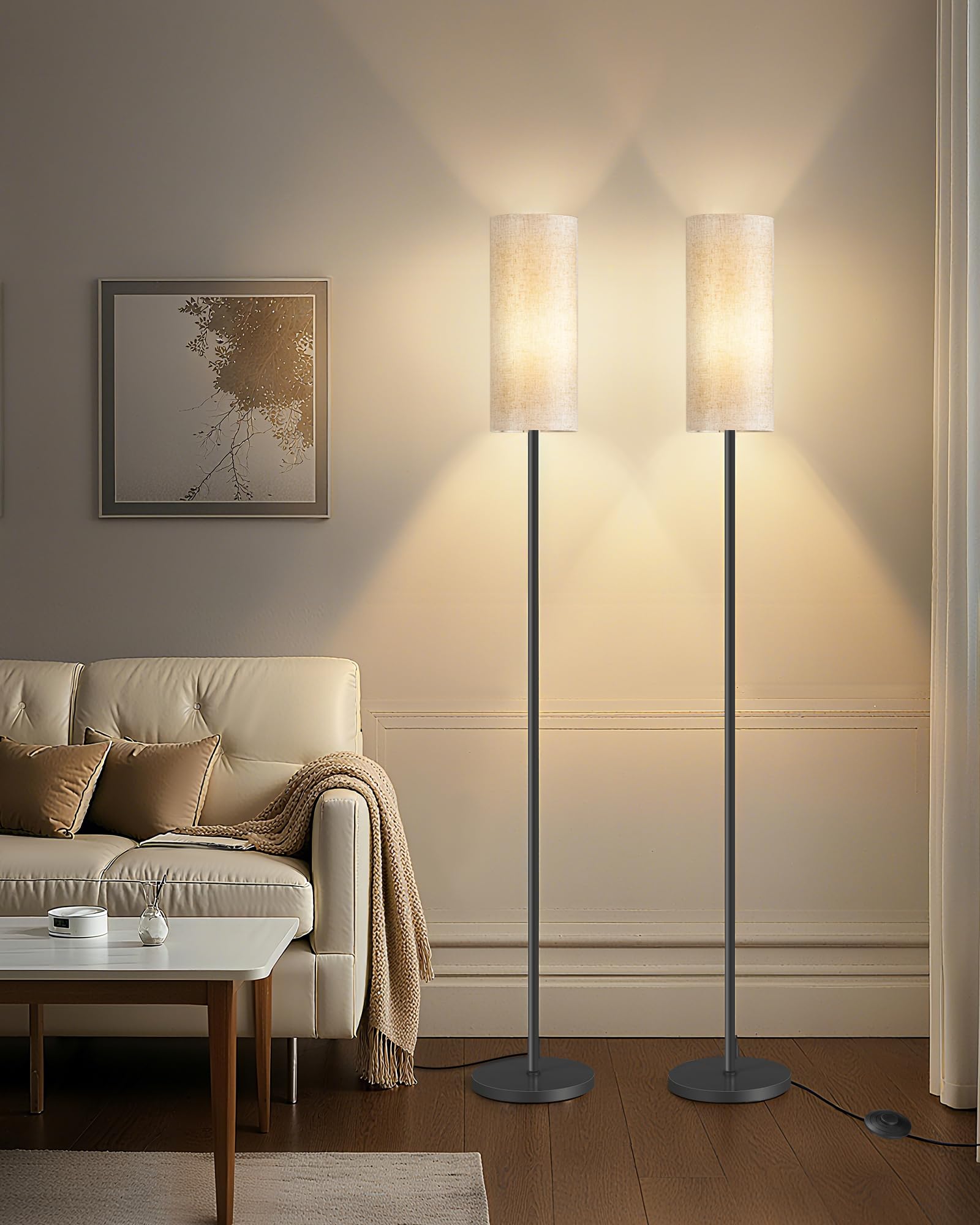2 Pack Floor Lamp, Pole Lamp with Foot Switch, Modern Standing Lamp Lampshade, Minimalist Freestanding Lamp (Bulb Not Included), for Living Room, Bedroom Office, Black and Beige E07LDP205