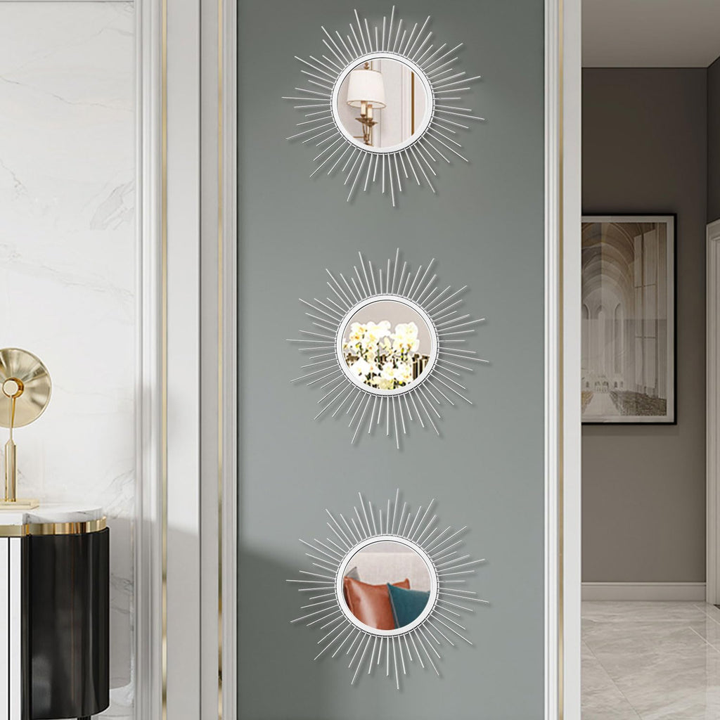 3 Pack Metal Mirrors for Wall Sunburst Wall Mirrors Home Décor Decorative Hanging Wall Art for Living Room Bedroom Entryway (Gold, Flower+Sunburst)
