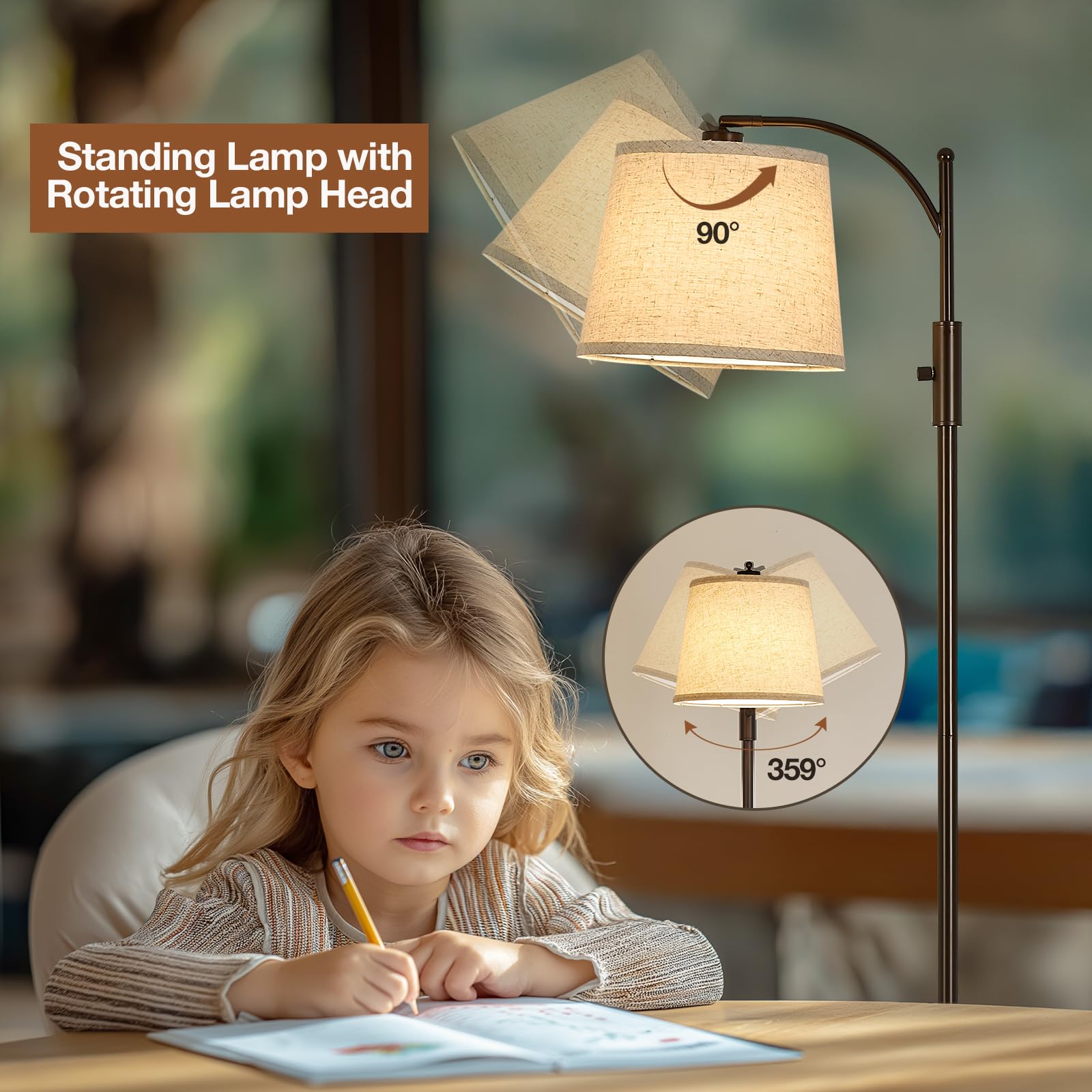 AIDENOEY Fully Dimmable Floor Lamp for Living Room，Standing Lamp Rotary Switch with Table&Linen Beige Shade，Golden Tall Lamps for Bedroom with Adjust Head，9W LED Bulb Included
