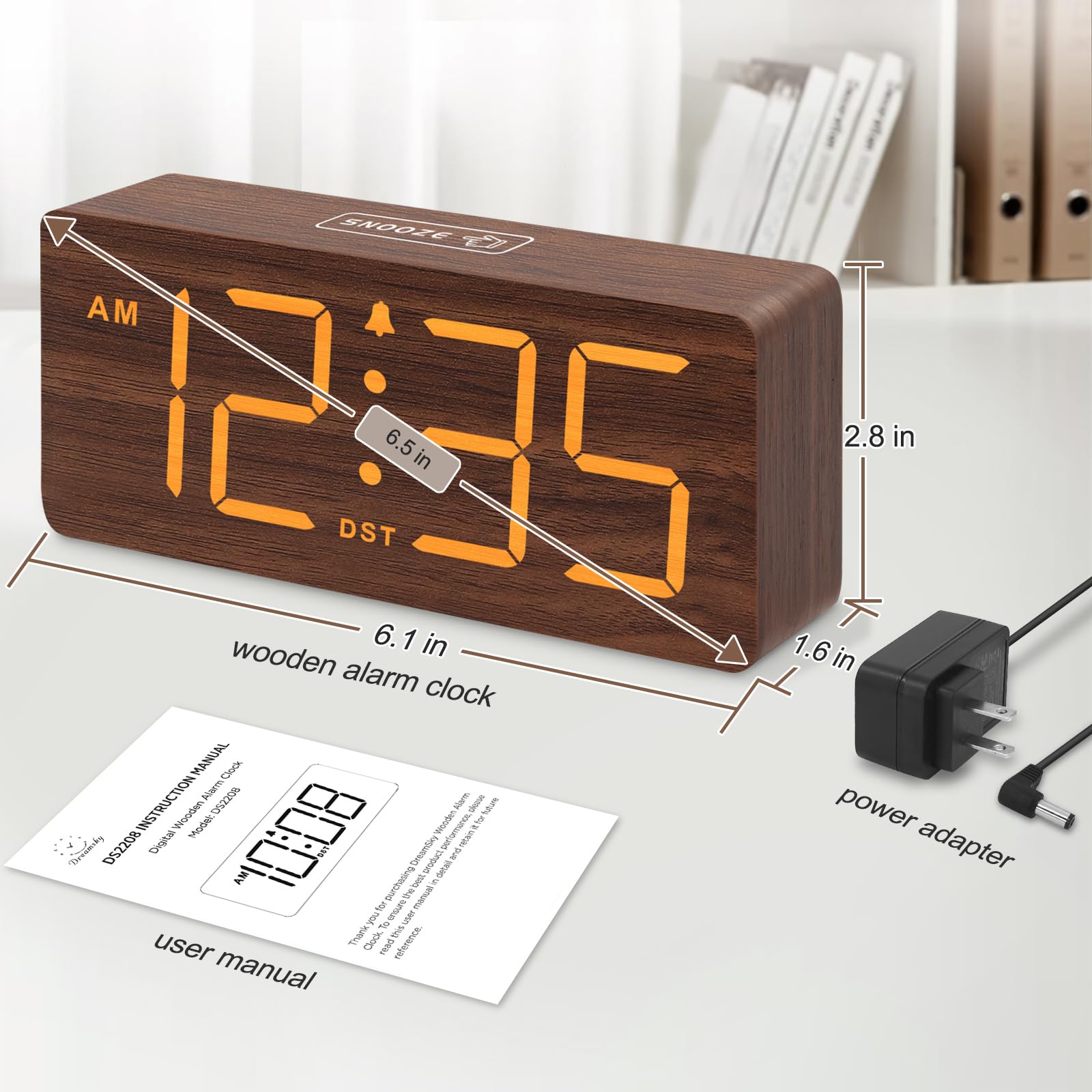 DreamSky Wooden Digital Alarm Clock for Bedroom - Desk Clock for Living Room with Large Numbers, Dimmer, Loud Alarm for Heavy Sleepers with Volume Control, DST, Office Wood Decor (Plug in Clock)