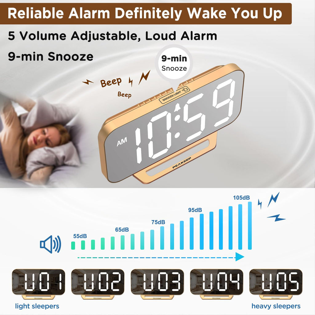 Peakeep Slim Digital Mirror Aesthetic Alarm Clock for Bedrooms Desk Decor - Plug in Electric Big LED Modern Small Clock for Office Living Room, Battery Backup, 6 Dimmers (Gold)