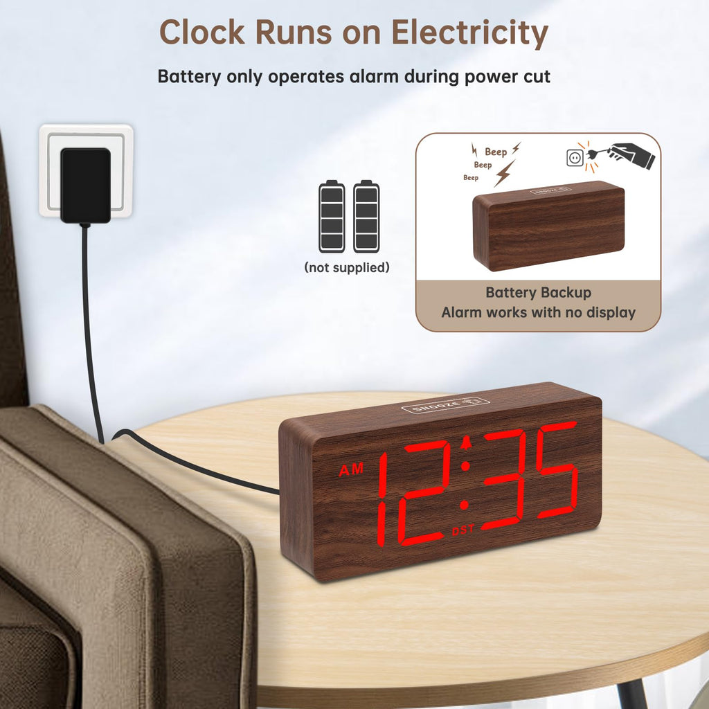 DreamSky Wooden Digital Alarm Clock for Bedroom - Desk Clock for Living Room with Large Numbers, Dimmer, Loud Alarm for Heavy Sleepers with Volume Control, DST, Office Wood Decor (Plug in Clock)