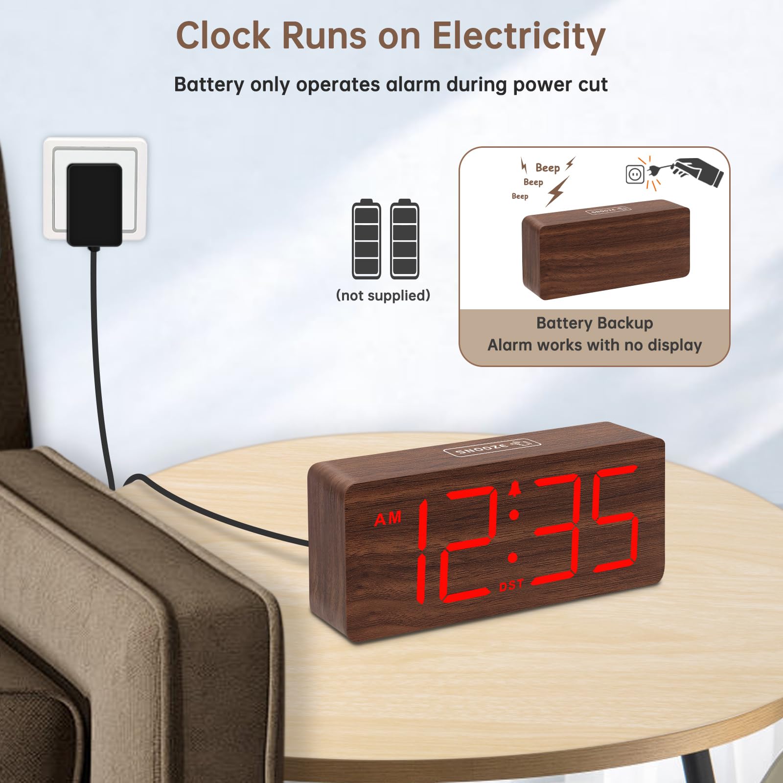 DreamSky Wooden Digital Alarm Clock for Bedroom - Desk Clock for Living Room with Large Numbers, Dimmer, Loud Alarm for Heavy Sleepers with Volume Control, DST, Office Wood Decor (Plug in Clock)