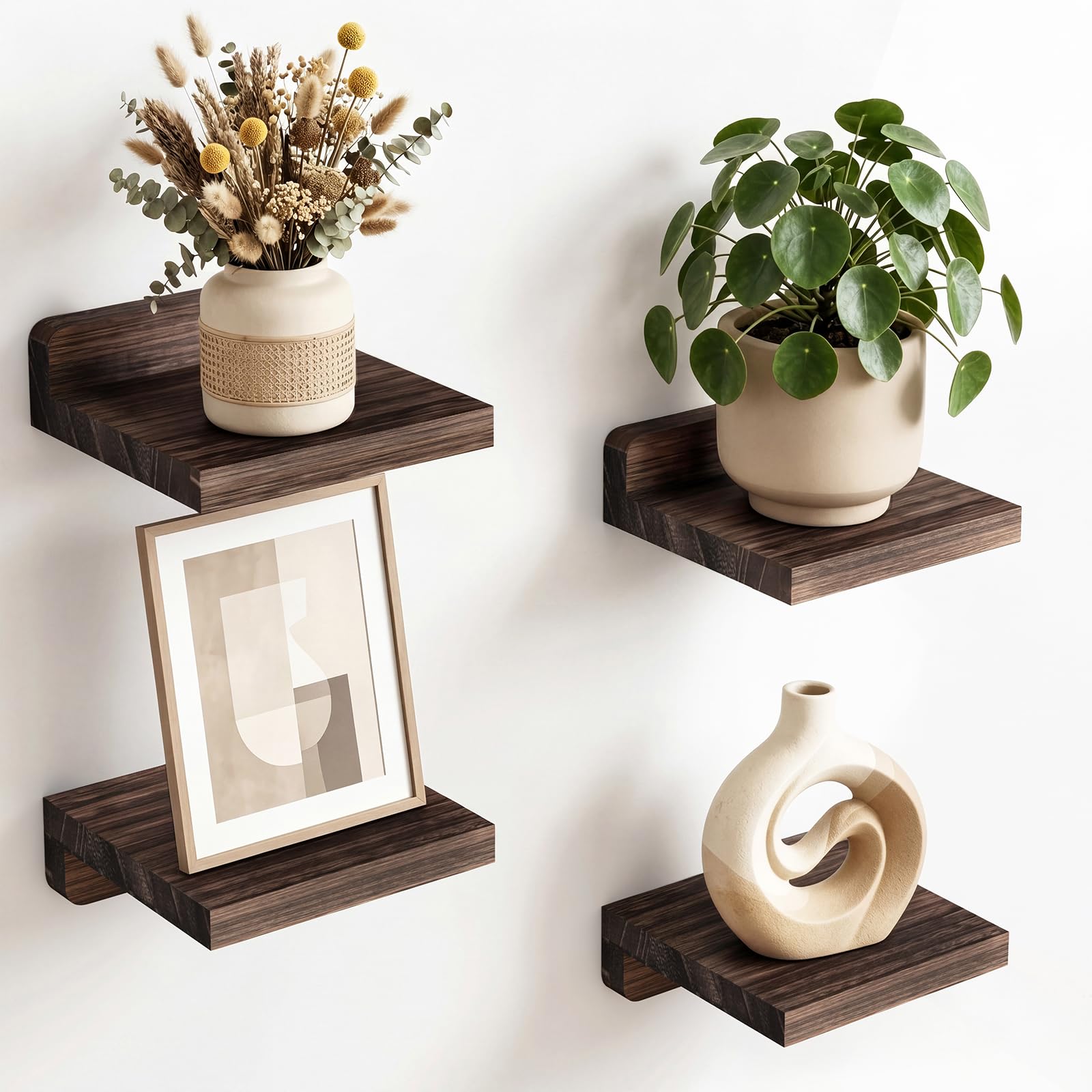 Fixwal Wall Shelves, 5x5 Inches Small Floating Shelf, Rustic Wood Wall Mounted Shelves for Bedroom, Living Room, Kitchen, Bathroom Decor (Set of 4, Black)