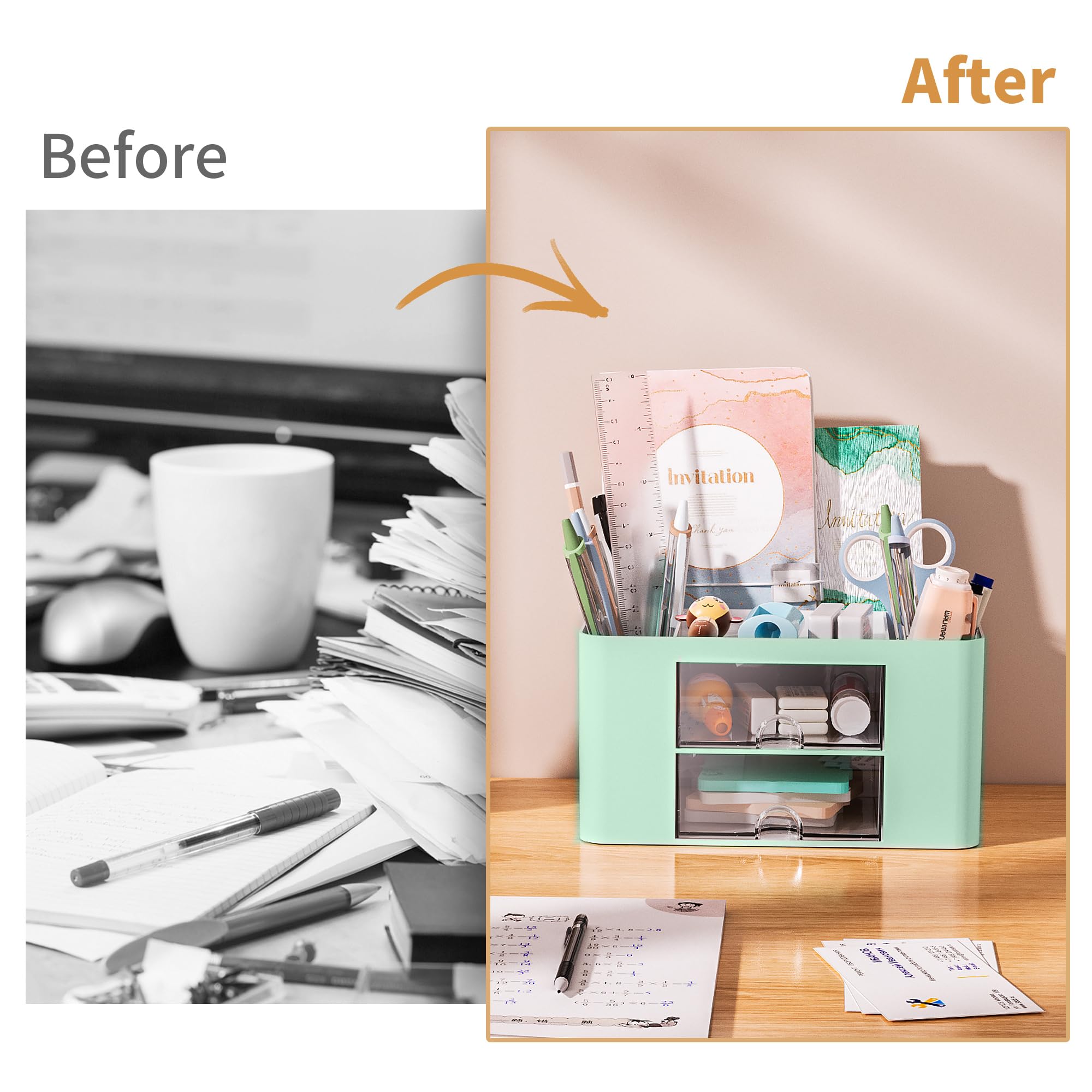 Marbrasse Pen Organizer with 2 Drawer, Multi-Functional Pencil Holder for Desk, Desk Organizers and Accessories with 5 Compartments + Drawer for Office Art Supplies (White)