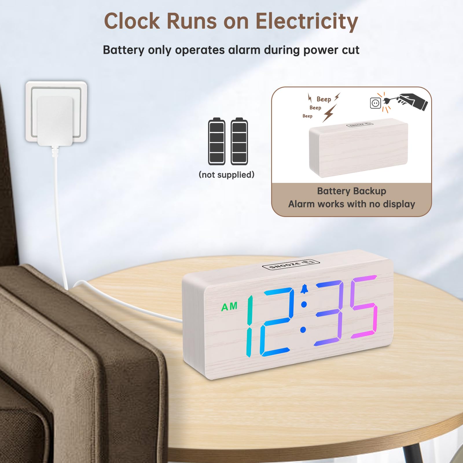 DreamSky Wooden Digital Alarm Clock for Bedroom - Desk Clock for Living Room with Large Numbers, Dimmer, Loud Alarm for Heavy Sleepers with Volume Control, DST, Office Wood Decor (Plug in Clock)