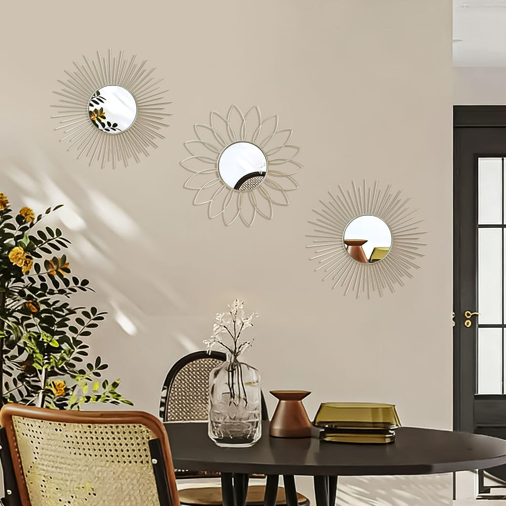3 Pack Metal Mirrors for Wall Sunburst Wall Mirrors Home Décor Decorative Hanging Wall Art for Living Room Bedroom Entryway (Gold, Flower+Sunburst)