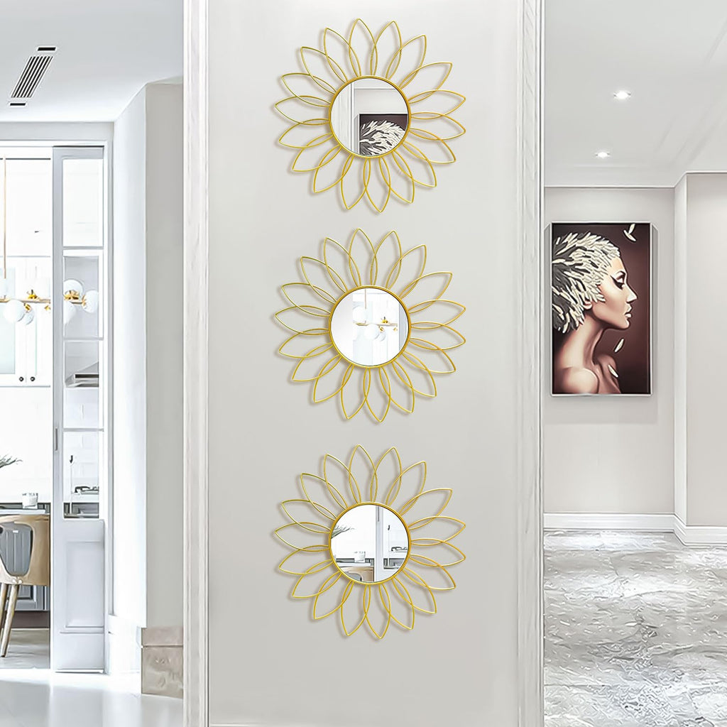 3 Pack Metal Mirrors for Wall Sunburst Wall Mirrors Home Décor Decorative Hanging Wall Art for Living Room Bedroom Entryway (Gold, Flower+Sunburst)