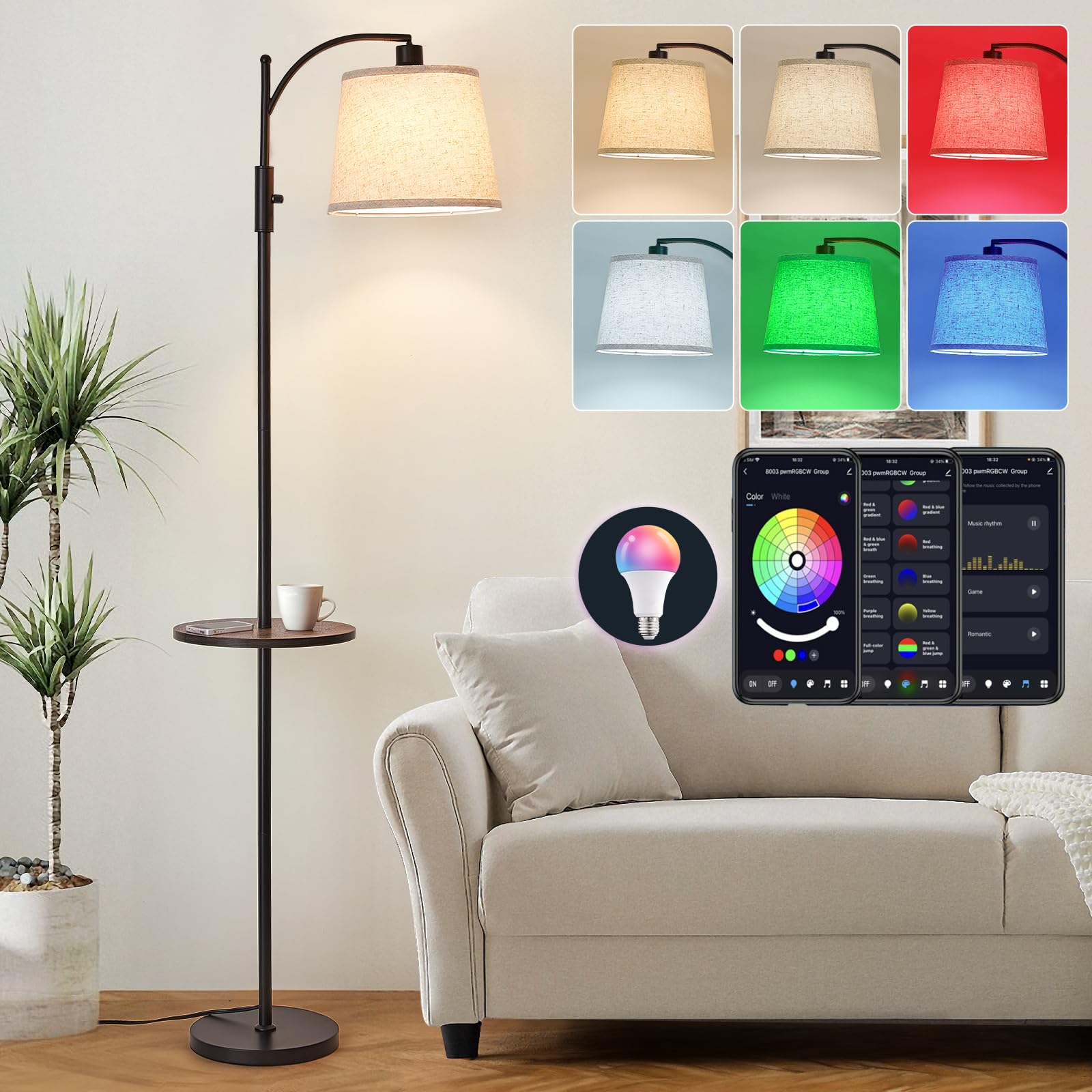 AIDENOEY Fully Dimmable Floor Lamp for Living Room，Standing Lamp Rotary Switch with Table&Linen Beige Shade，Golden Tall Lamps for Bedroom with Adjust Head，9W LED Bulb Included