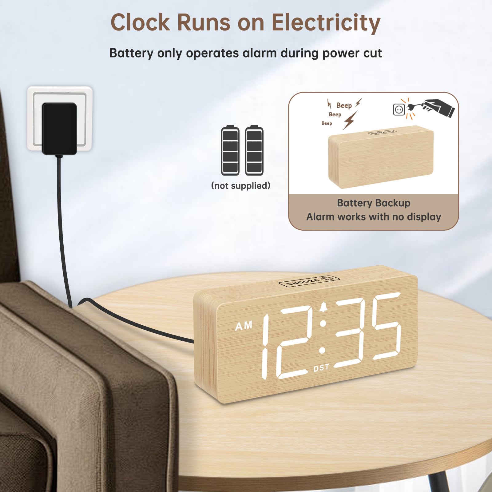 DreamSky Wooden Digital Alarm Clock for Bedroom - Desk Clock for Living Room with Large Numbers, Dimmer, Loud Alarm for Heavy Sleepers with Volume Control, DST, Office Wood Decor (Plug in Clock)