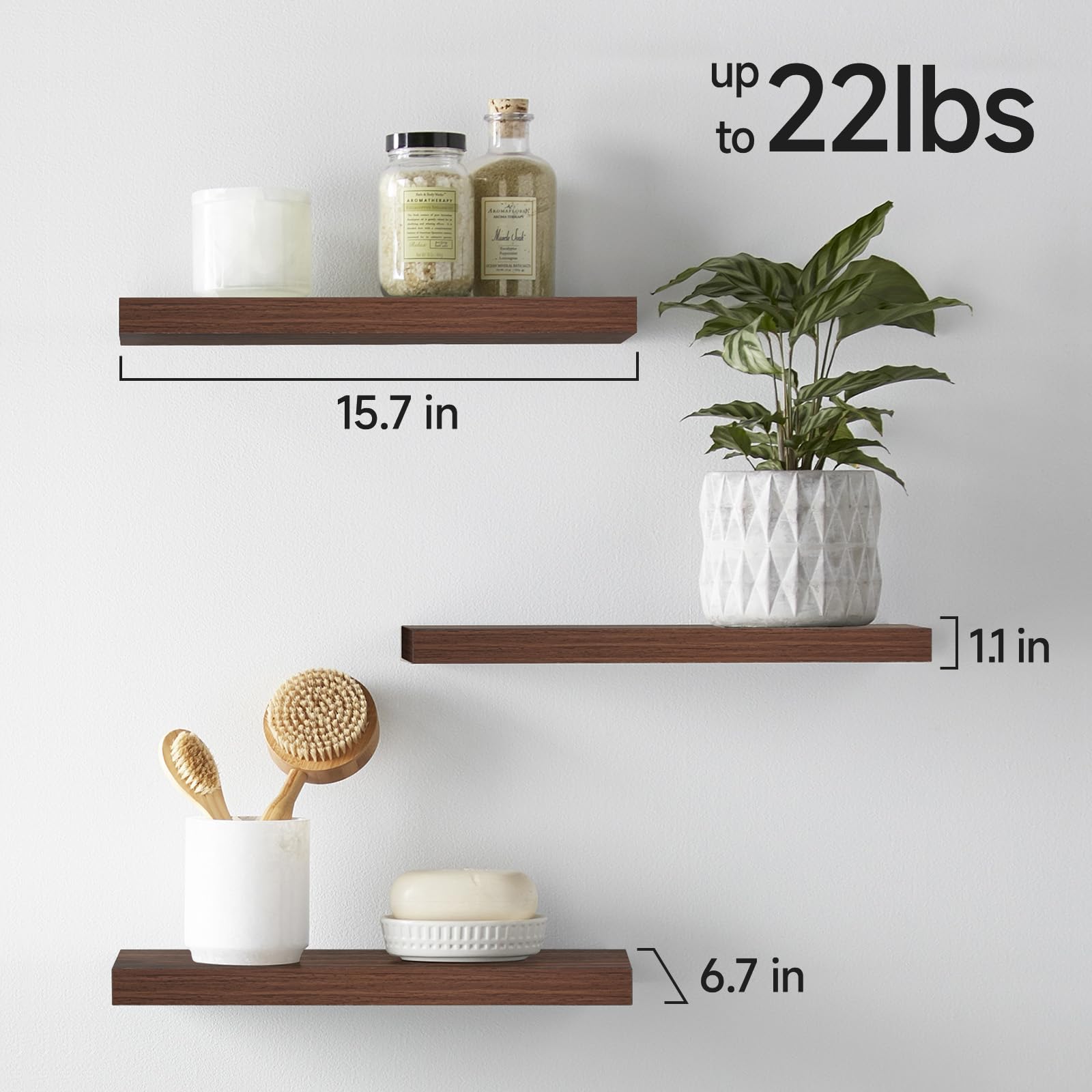 BAYKA Floating Shelves for Wall, Wall Mounted Rustic Wood Shelves for Bathroom, Bedroom, Living Room, Kitchen, Hanging Shelf for Books/Storage/Room Decor with 22lbs Capacity (Black, Set of 3, 15.7in)