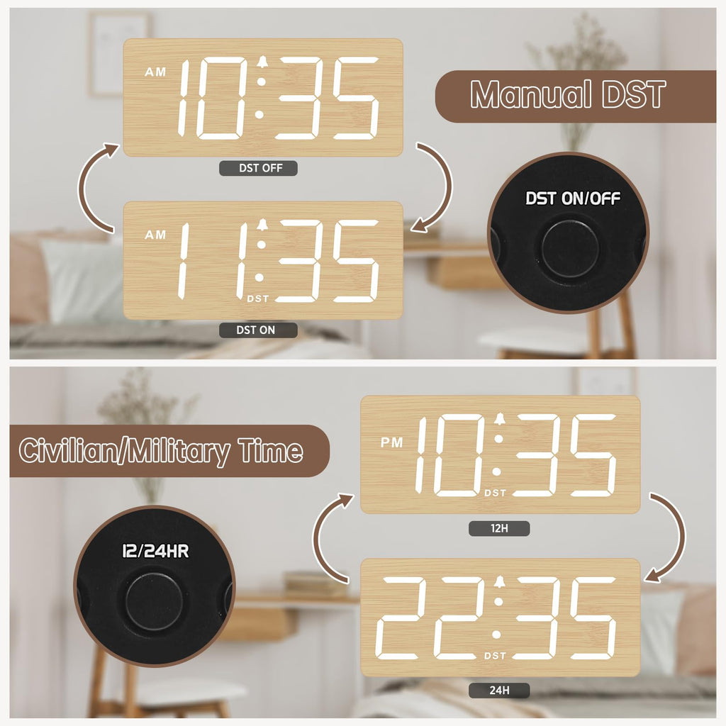 DreamSky Wooden Digital Alarm Clock for Bedroom - Desk Clock for Living Room with Large Numbers, Dimmer, Loud Alarm for Heavy Sleepers with Volume Control, DST, Office Wood Decor (Plug in Clock)