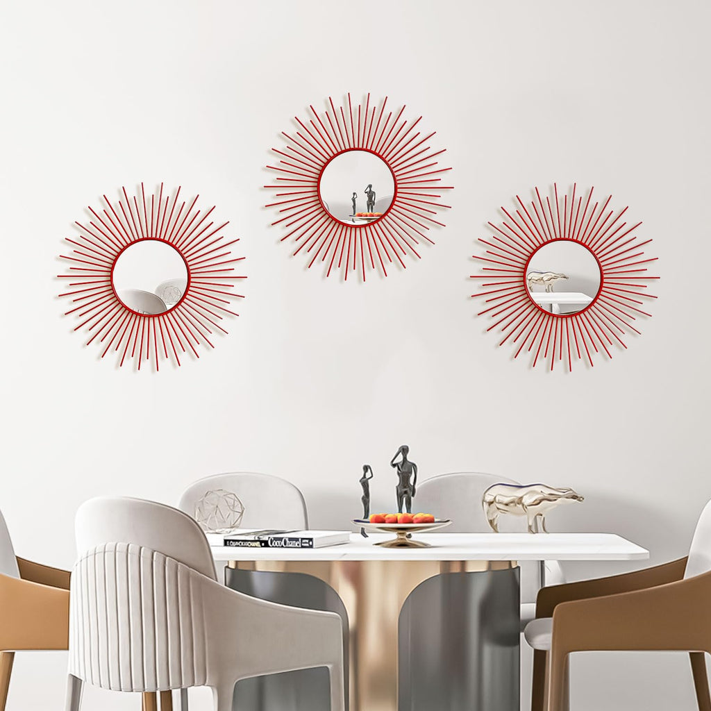3 Pack Metal Mirrors for Wall Sunburst Wall Mirrors Home Décor Decorative Hanging Wall Art for Living Room Bedroom Entryway (Gold, Flower+Sunburst)