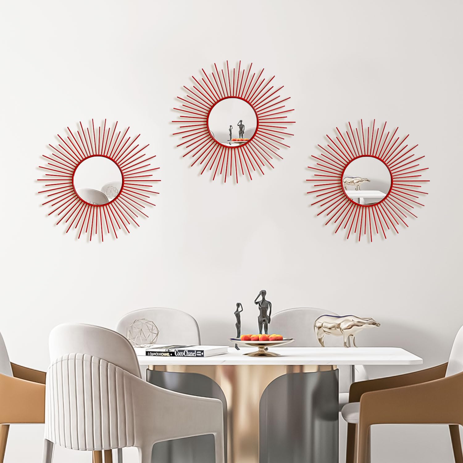 3 Pack Metal Mirrors for Wall Sunburst Wall Mirrors Home Décor Decorative Hanging Wall Art for Living Room Bedroom Entryway (Gold, Flower+Sunburst)