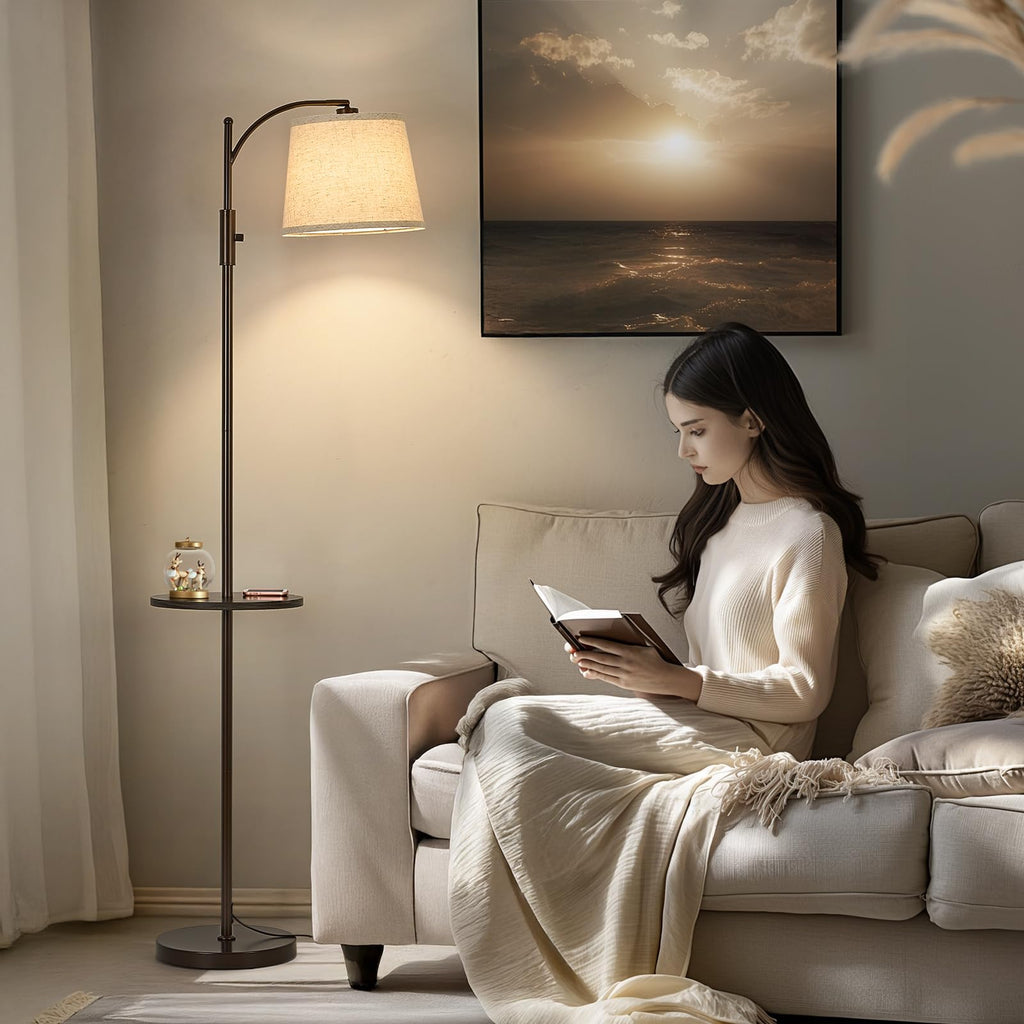 AIDENOEY Fully Dimmable Floor Lamp for Living Room，Standing Lamp Rotary Switch with Table&Linen Beige Shade，Golden Tall Lamps for Bedroom with Adjust Head，9W LED Bulb Included