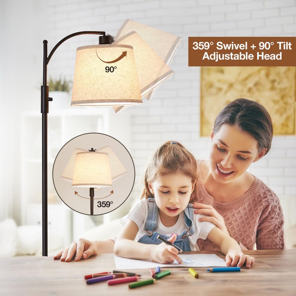 AIDENOEY Fully Dimmable Floor Lamp for Living Room，Standing Lamp Rotary Switch with Table&Linen Beige Shade，Golden Tall Lamps for Bedroom with Adjust Head，9W LED Bulb Included