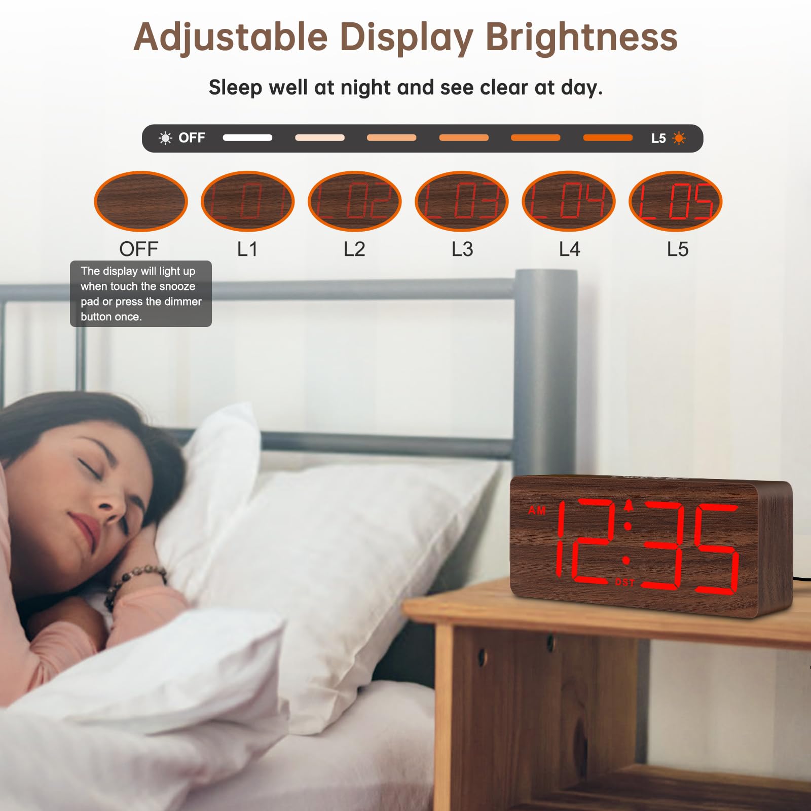 DreamSky Wooden Digital Alarm Clock for Bedroom - Desk Clock for Living Room with Large Numbers, Dimmer, Loud Alarm for Heavy Sleepers with Volume Control, DST, Office Wood Decor (Plug in Clock)