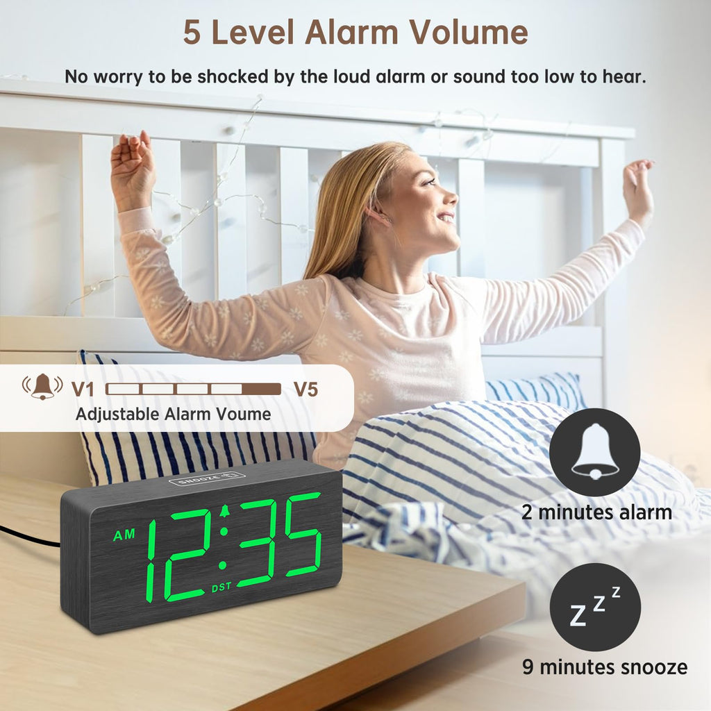 DreamSky Wooden Digital Alarm Clock for Bedroom - Desk Clock for Living Room with Large Numbers, Dimmer, Loud Alarm for Heavy Sleepers with Volume Control, DST, Office Wood Decor (Plug in Clock)