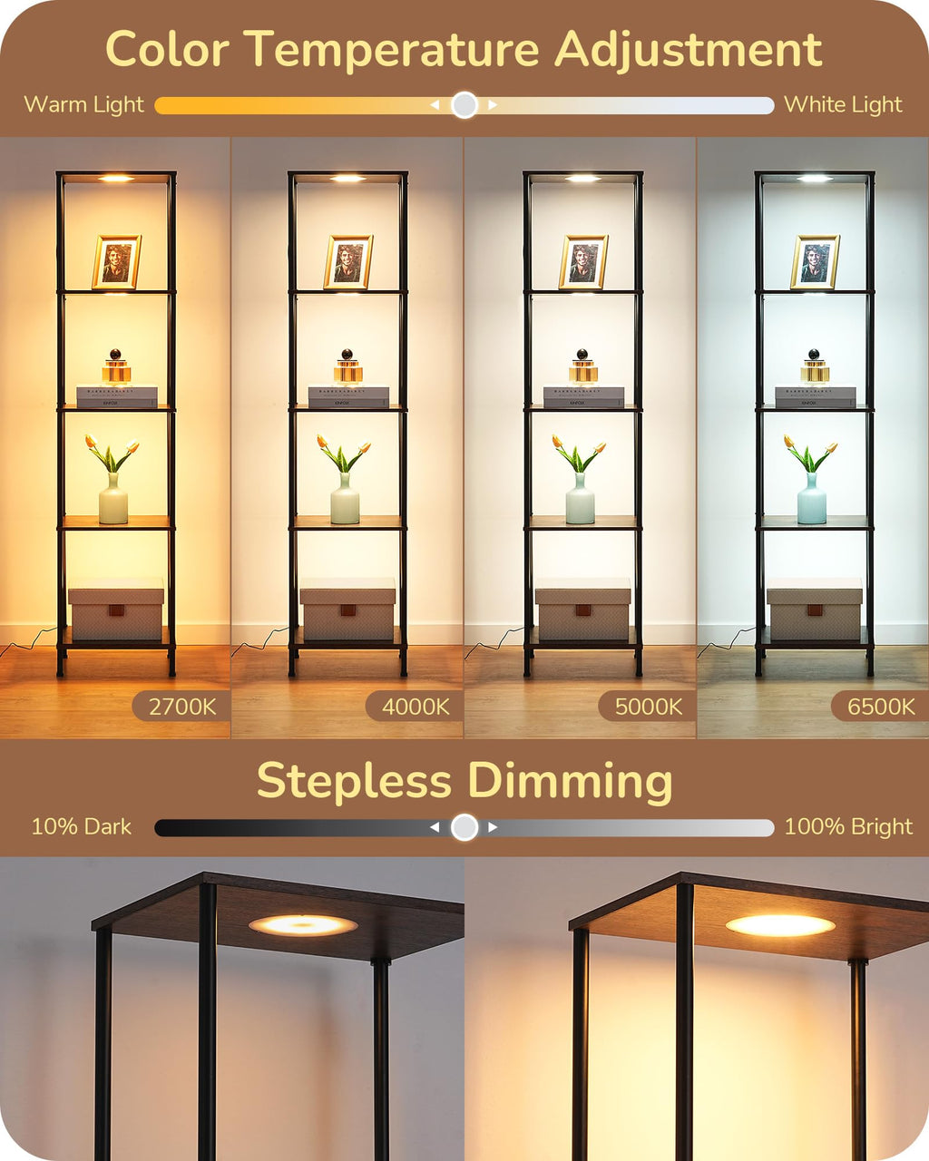 EDISHINE RGBW Modern Floor Lamp, 5-Tier Display Shelf with Light, Adjustable Brightness & Color Temperature, 3 Lighting Modes, Remote Control, Stable Floor Lamps for Living Room, Bedroom, Study, Black