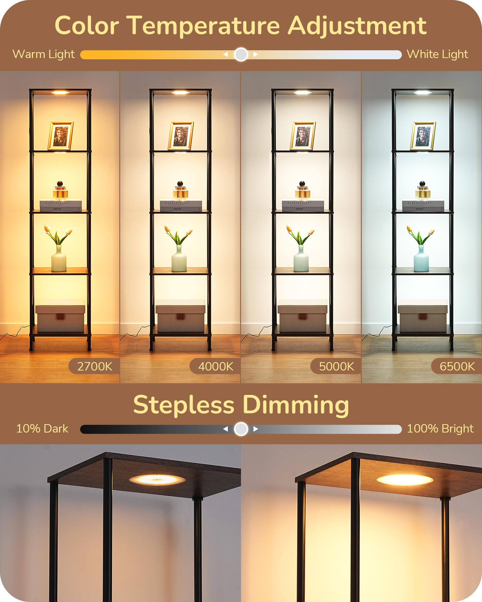 EDISHINE RGBW Modern Floor Lamp, 5-Tier Display Shelf with Light, Adjustable Brightness & Color Temperature, 3 Lighting Modes, Remote Control, Stable Floor Lamps for Living Room, Bedroom, Study, Black